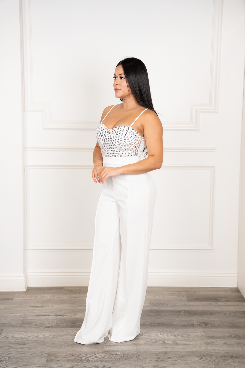 Juliana - White Geometric Rhinestone Wide-Leg Jumpsuit