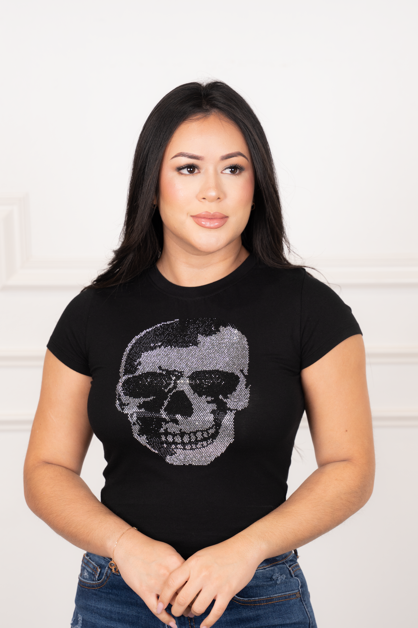 Milena - Skull Rhinestone Black Top