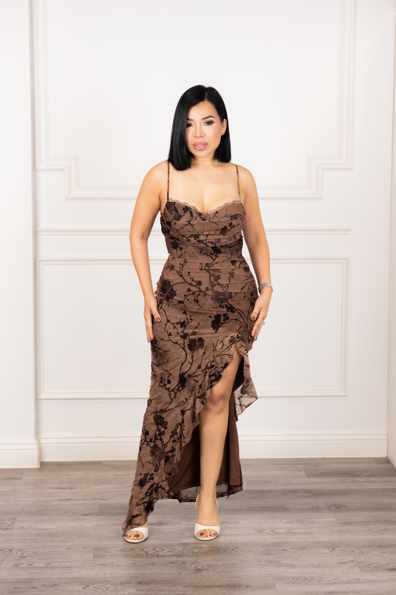 Paula- Brown Velvet Floral Midi Dress