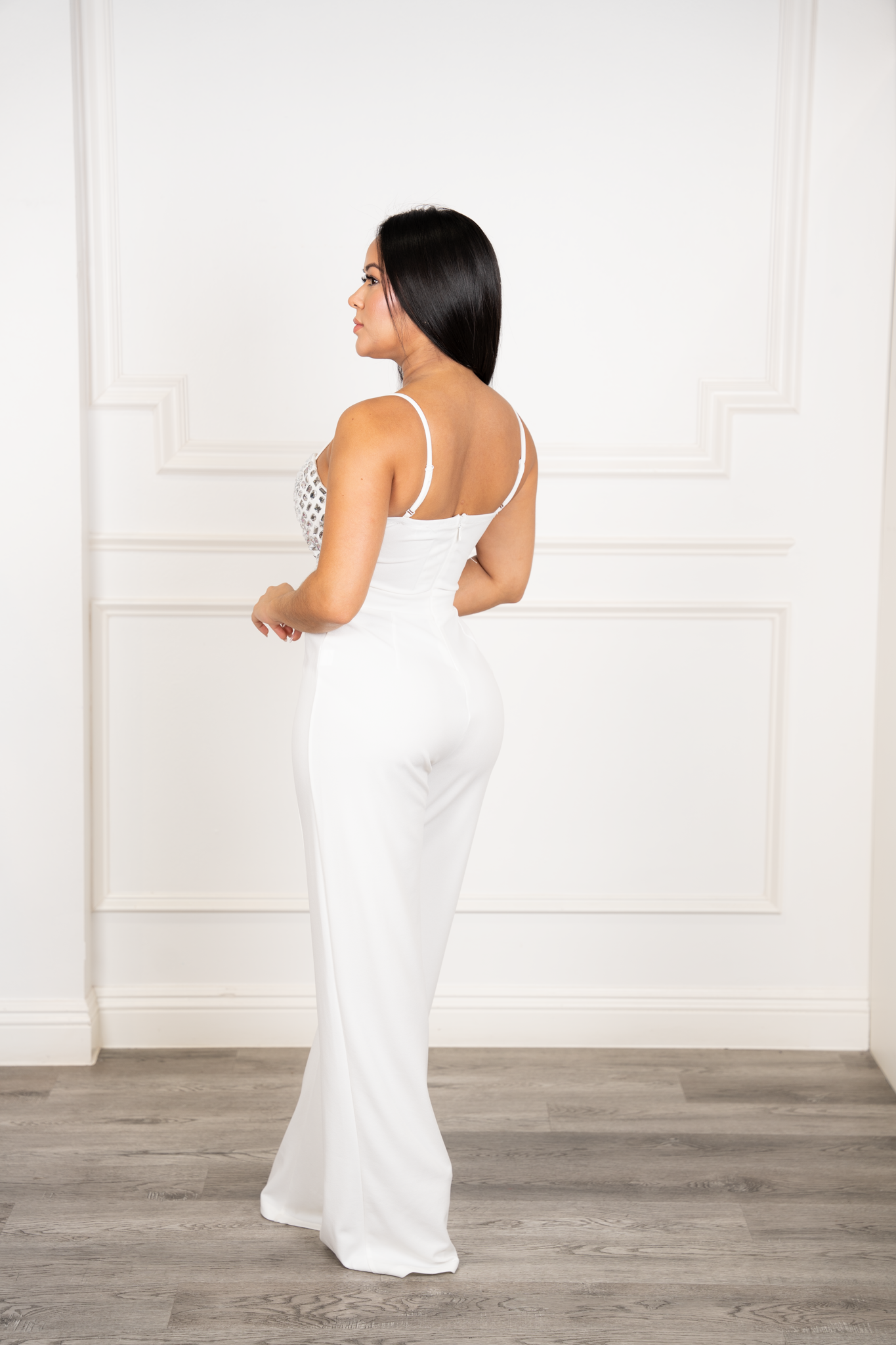 Juliana - White Geometric Rhinestone Wide-Leg Jumpsuit