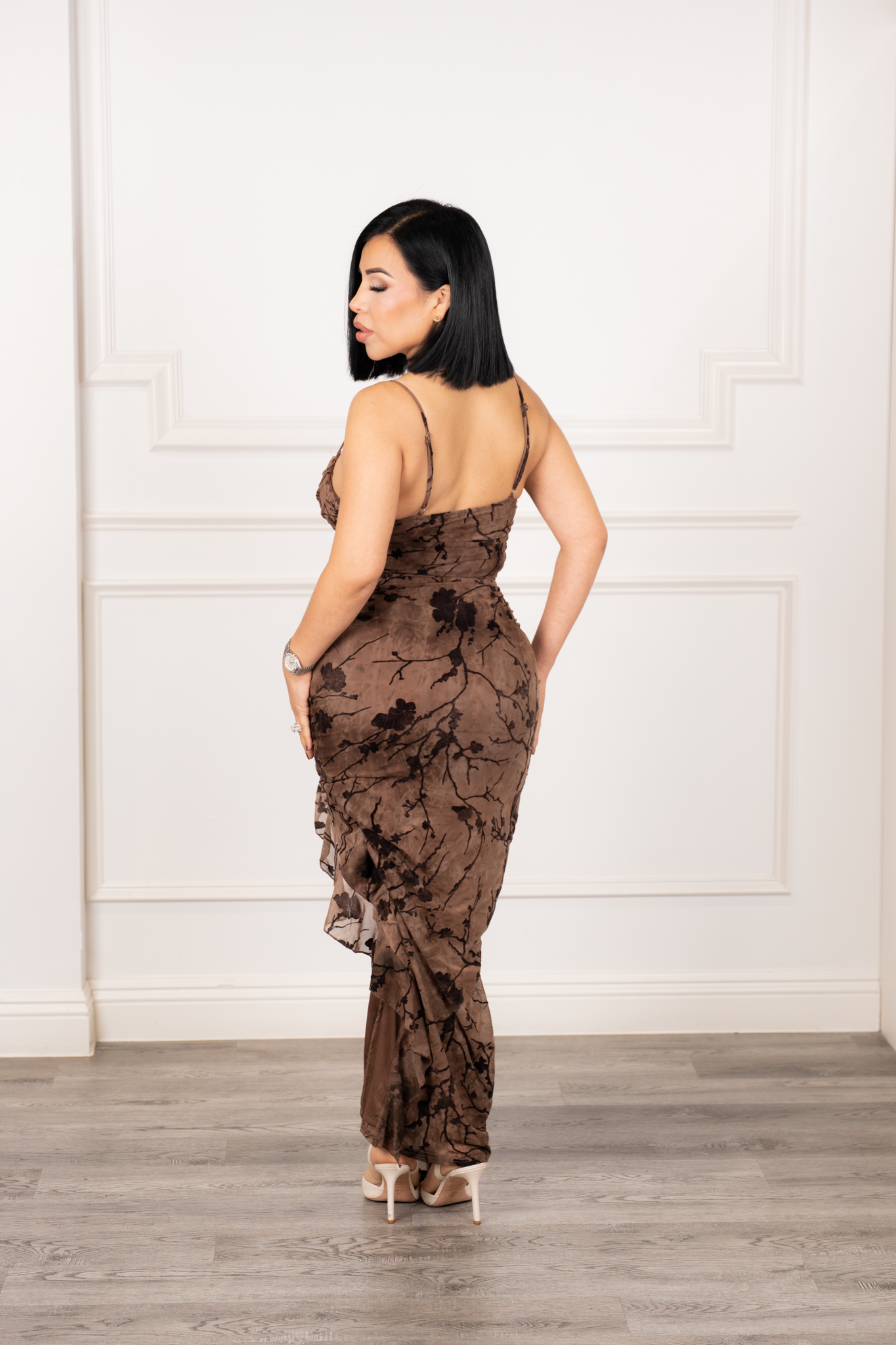 Paula- Brown Velvet Floral Midi Dress