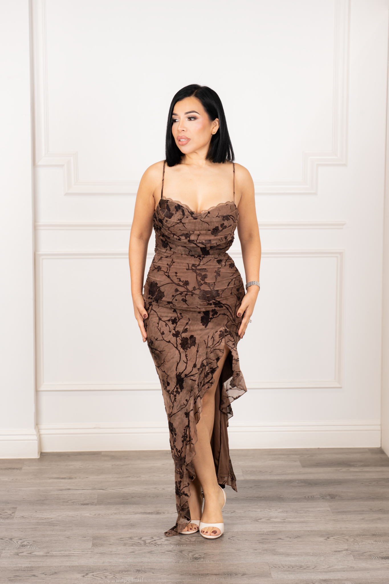 Paula- Brown Velvet Floral Midi Dress