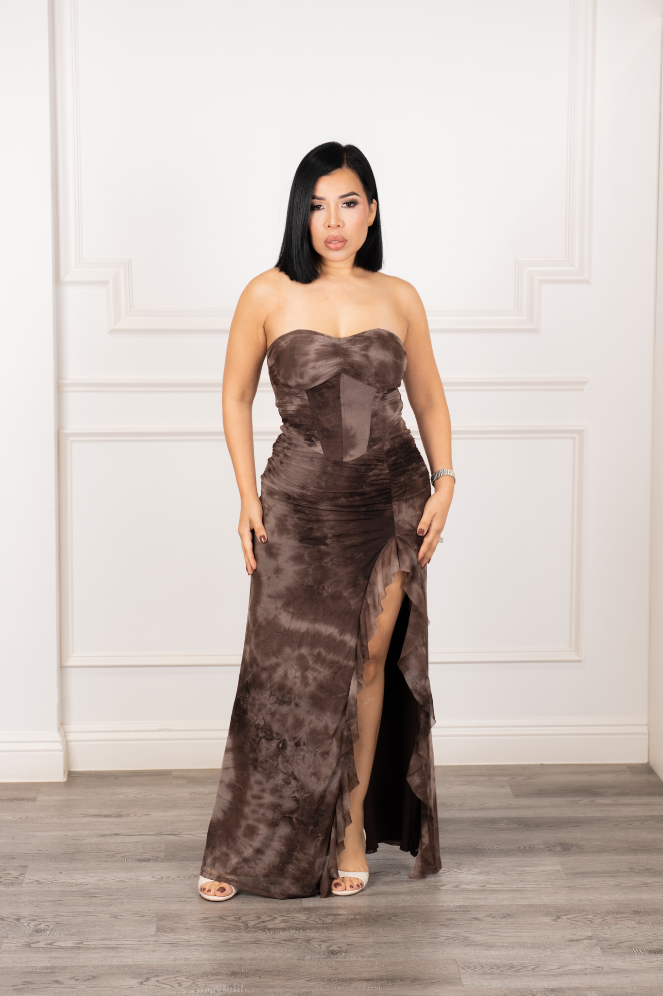 Mireya - Brown Strapless Mesh Midi Dress