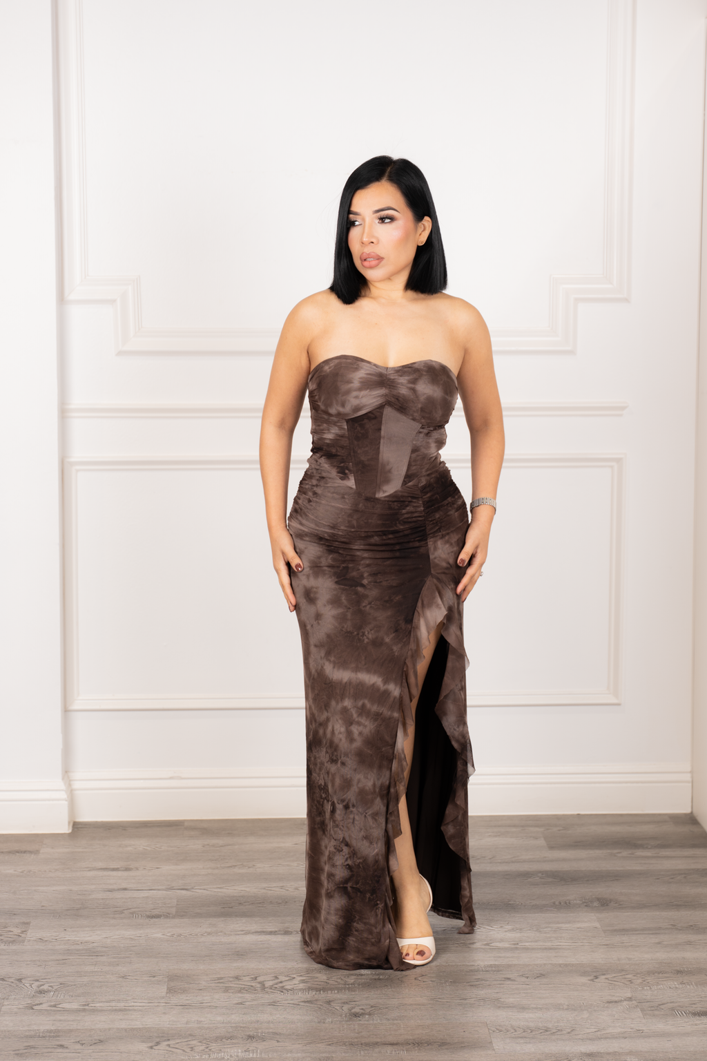 Mireya - Brown Strapless Mesh Midi Dress