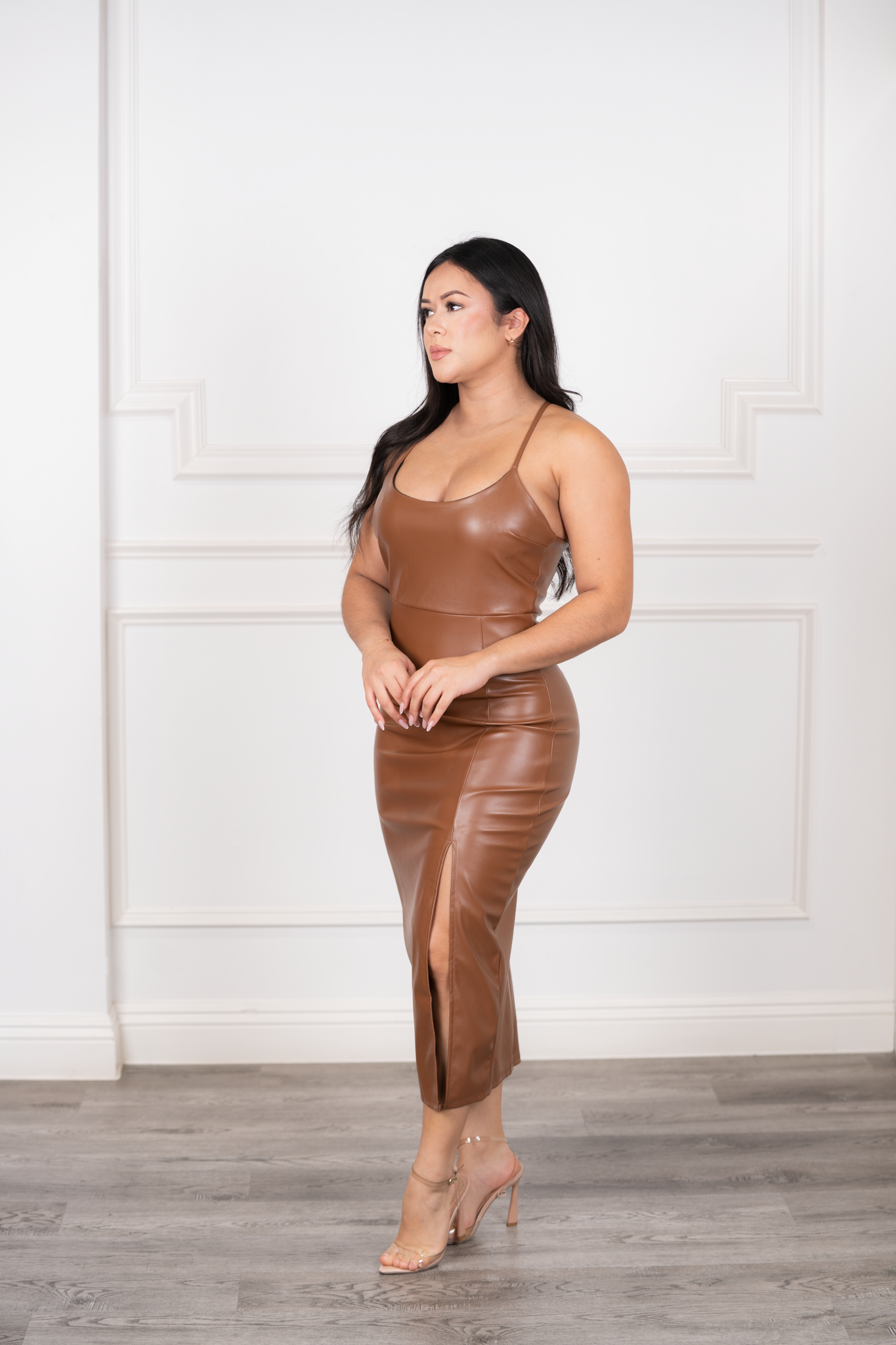 Rhea - Brown Synthetic Midi Dress