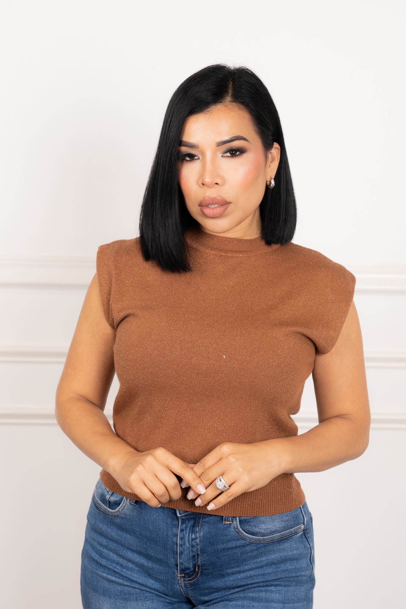 Amber - Camel Metallic Draped Sleeve Sweater Top