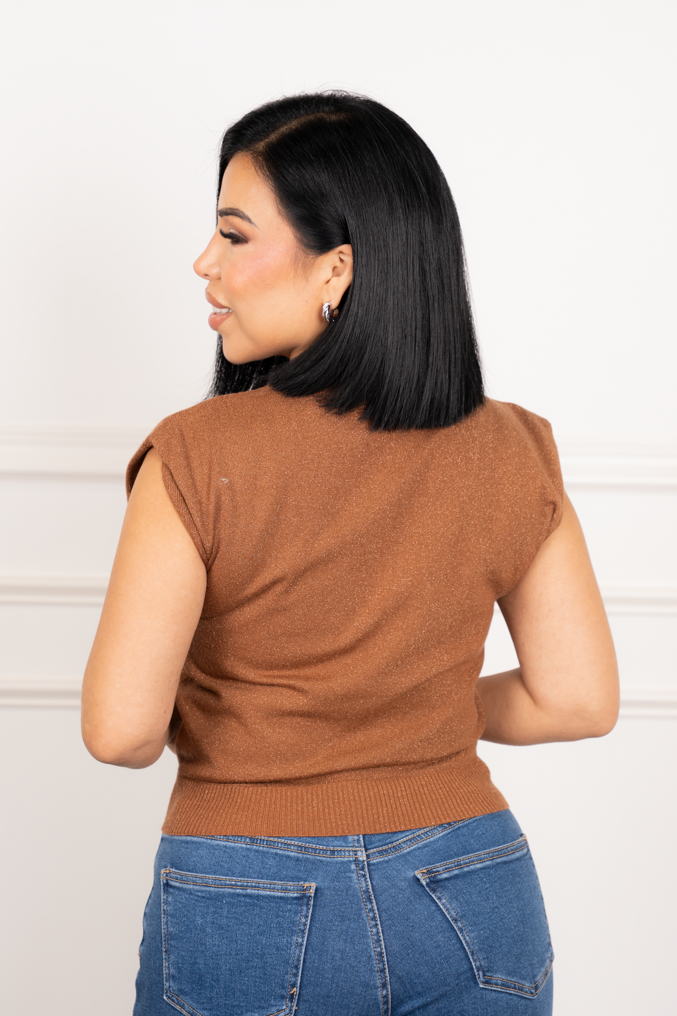 Amber - Camel Metallic Draped Sleeve Sweater Top