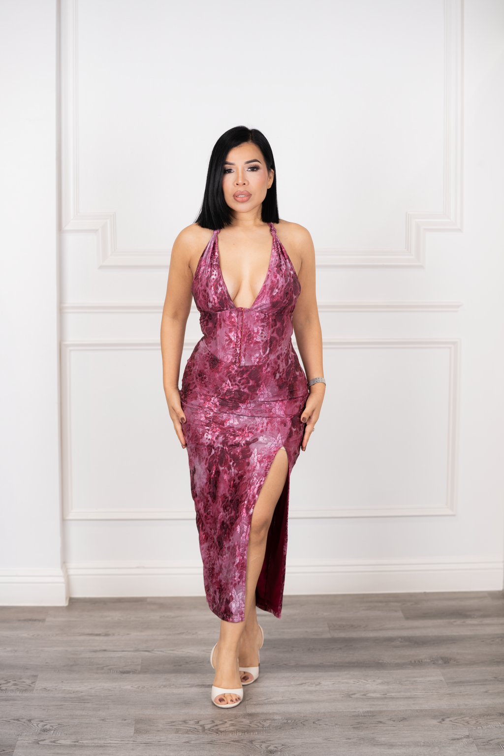 Florencia - Fuchsia Floral Mesh Halter Midi Dress