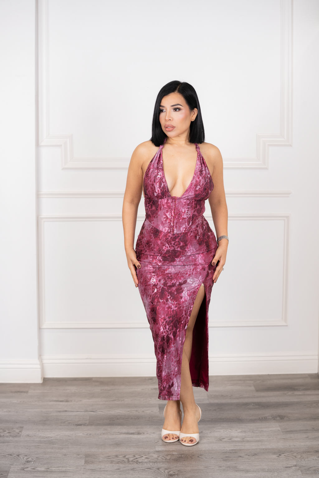 Florencia - Fuchsia Floral Mesh Halter Midi Dress