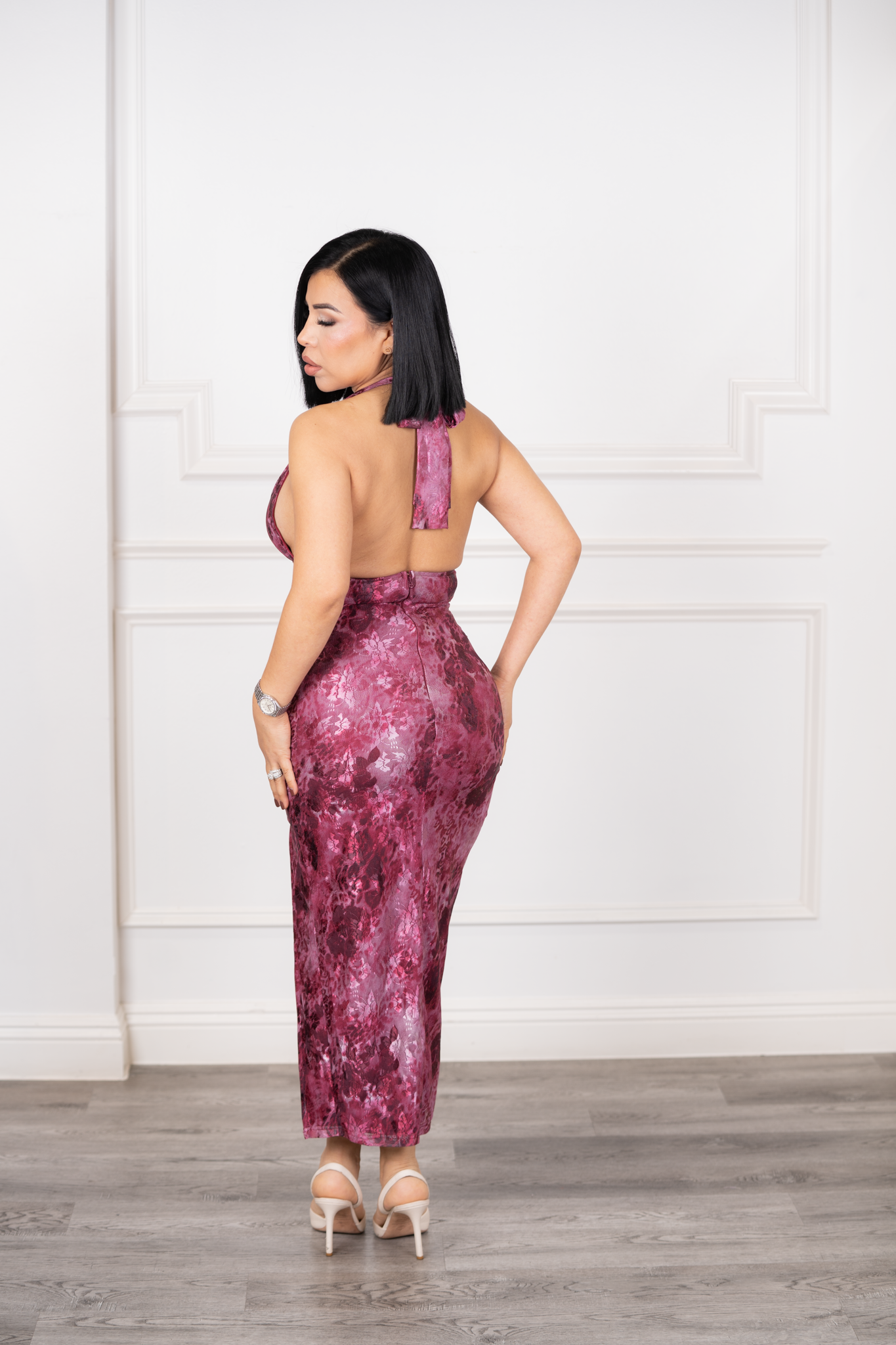 Florencia - Fuchsia Floral Mesh Halter Midi Dress