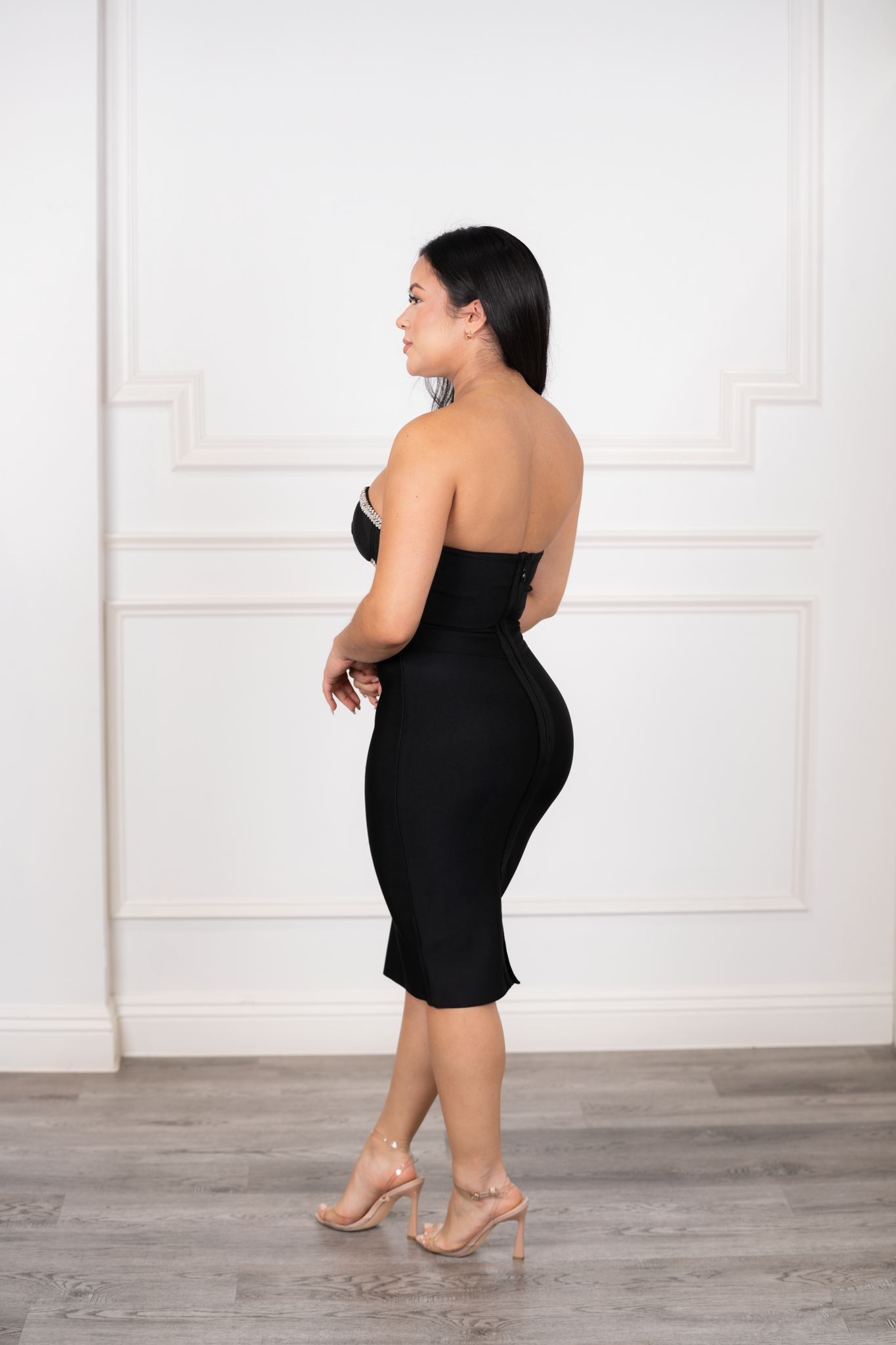 Merlina - Rhinestone Bandage Black Midi Dress