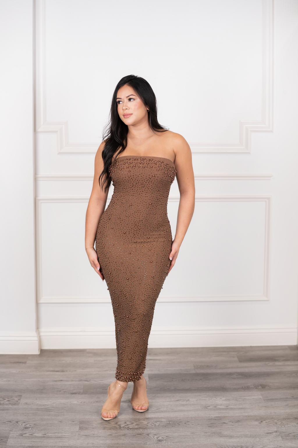 Marlen - Brown Strapless Fashion Midi Dress