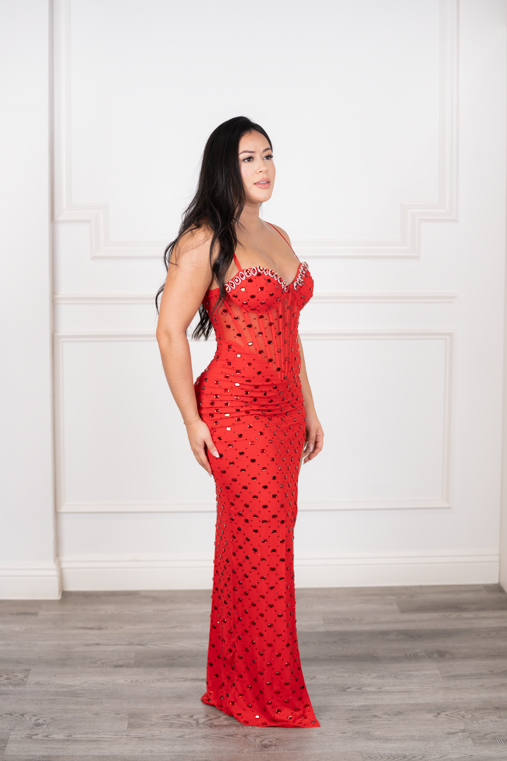 Danika - Rhinestone Mesh Corset Red Maxi Dress