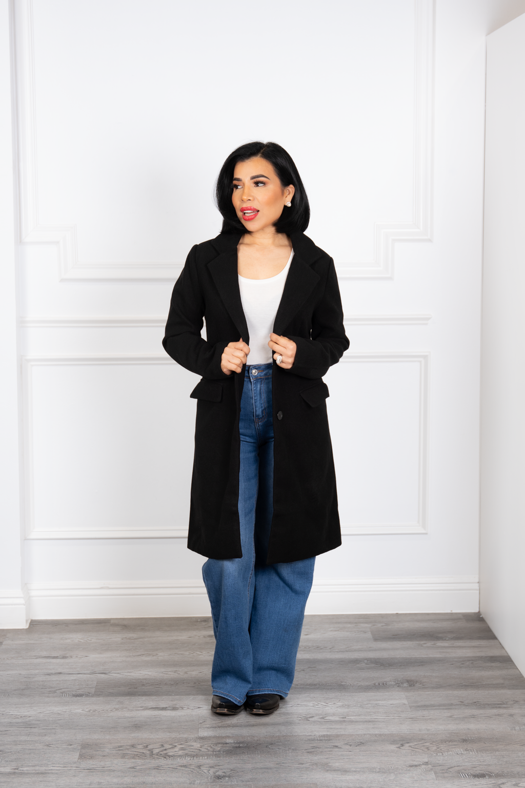 Macarena - Black Elegant Knee-Length Tailored Coat