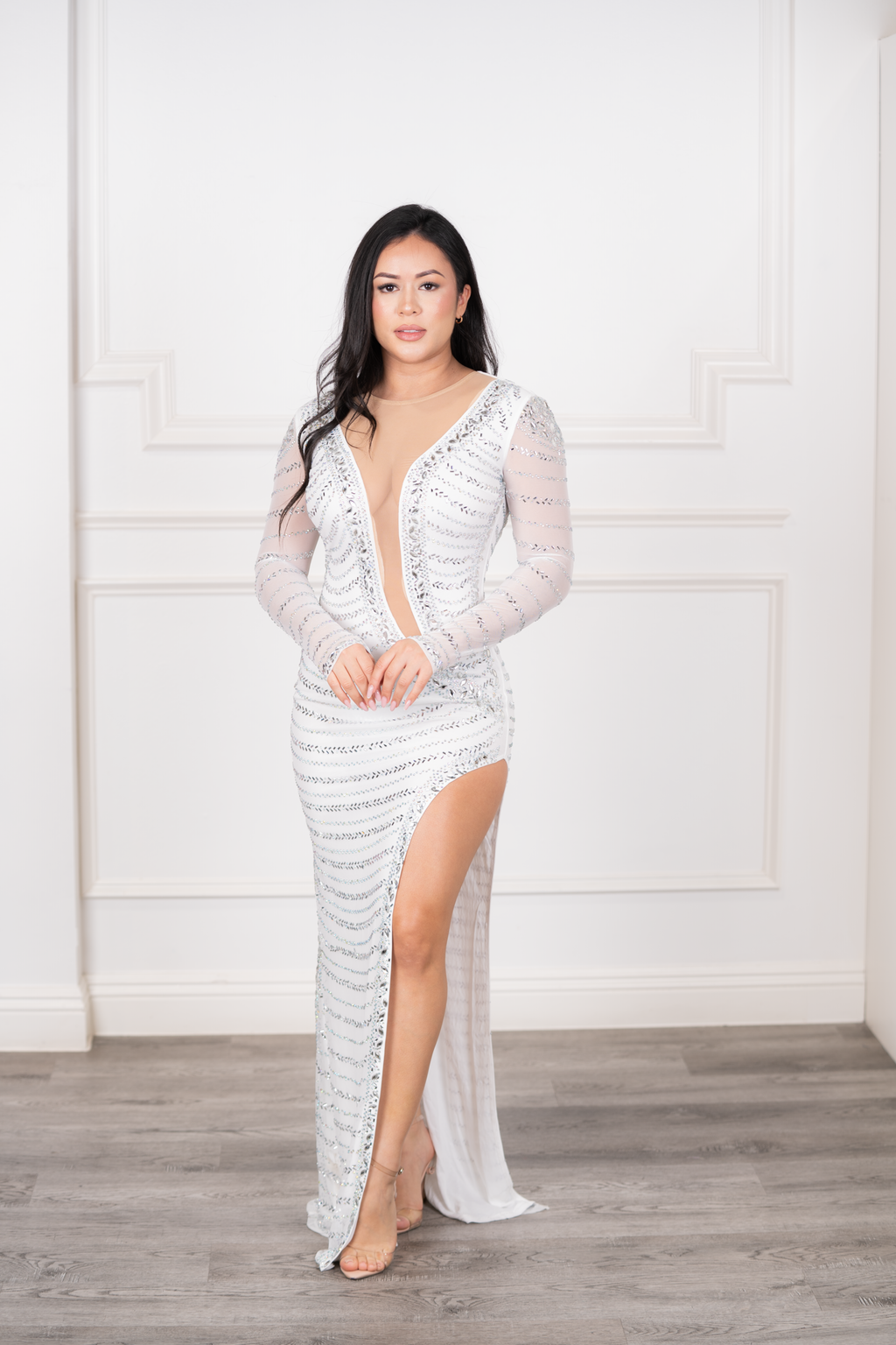 Elena - Sparkling Mesh White Maxi Dress