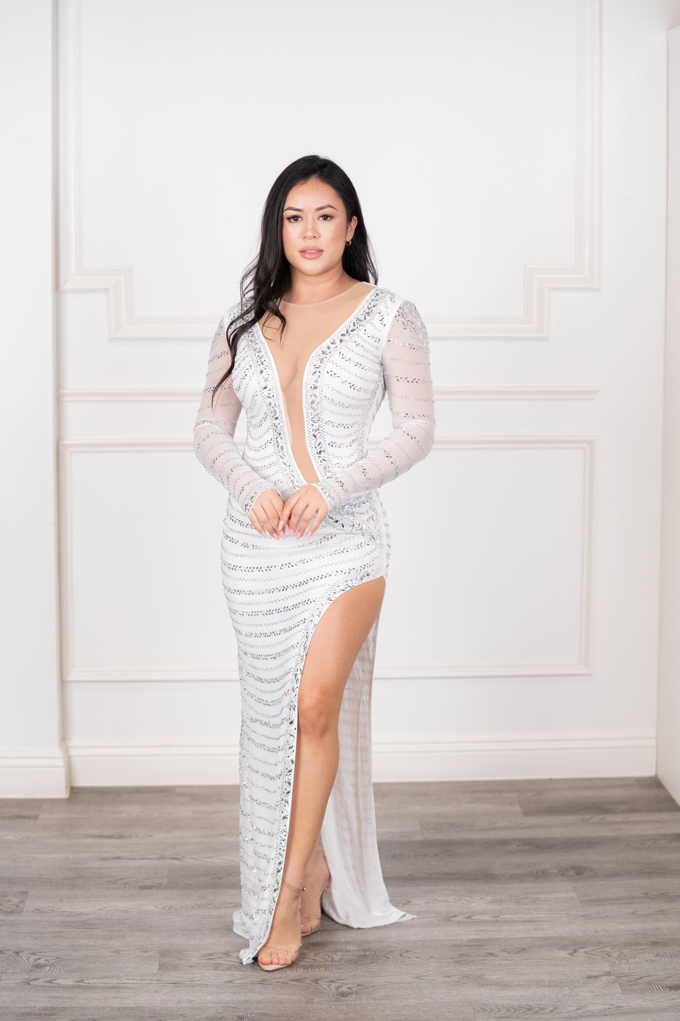Elena - Sparkling Mesh White Maxi Dress