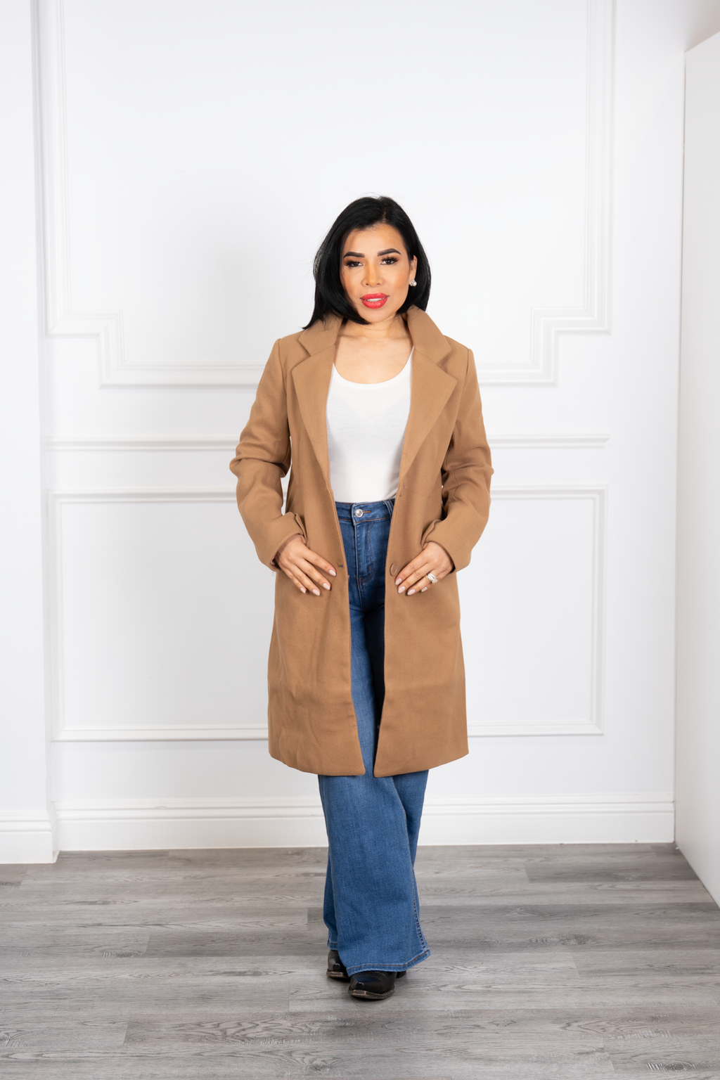 Macarena - Camel Elegant Knee-Length Tailored Coat