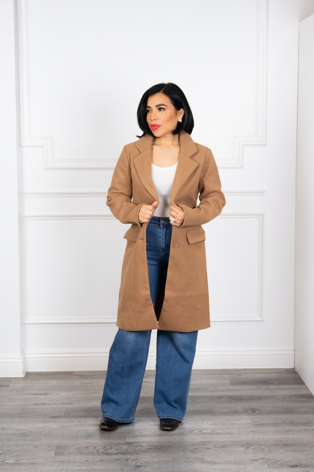Macarena - Camel Elegant Knee-Length Tailored Coat