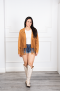 Rafa - Camel Western Velvet Fringe Jacket with Pearl Embellishments.