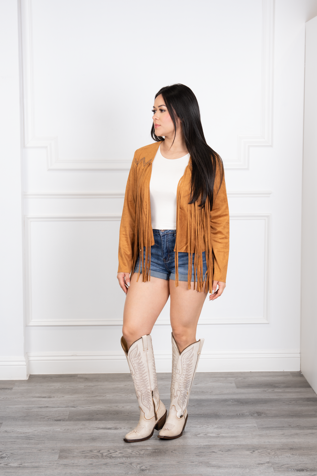 Rafa - Camel Western Velvet Fringe Jacket with Pearl Embellishments.