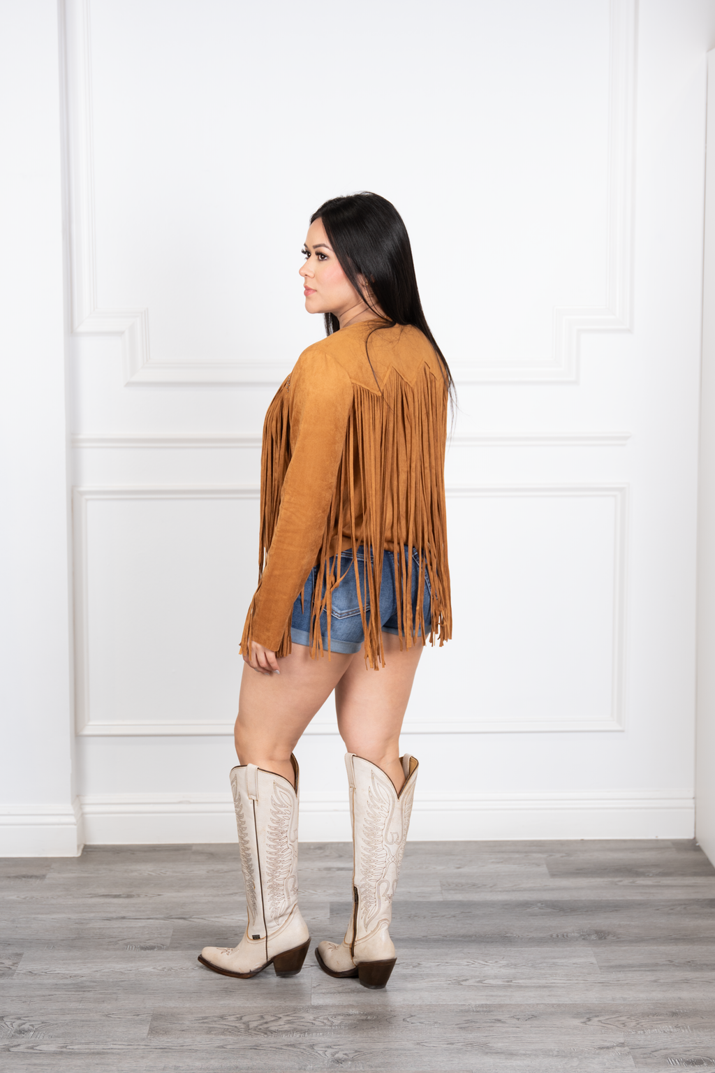 Rafa - Camel Western Velvet Fringe Jacket with Pearl Embellishments.