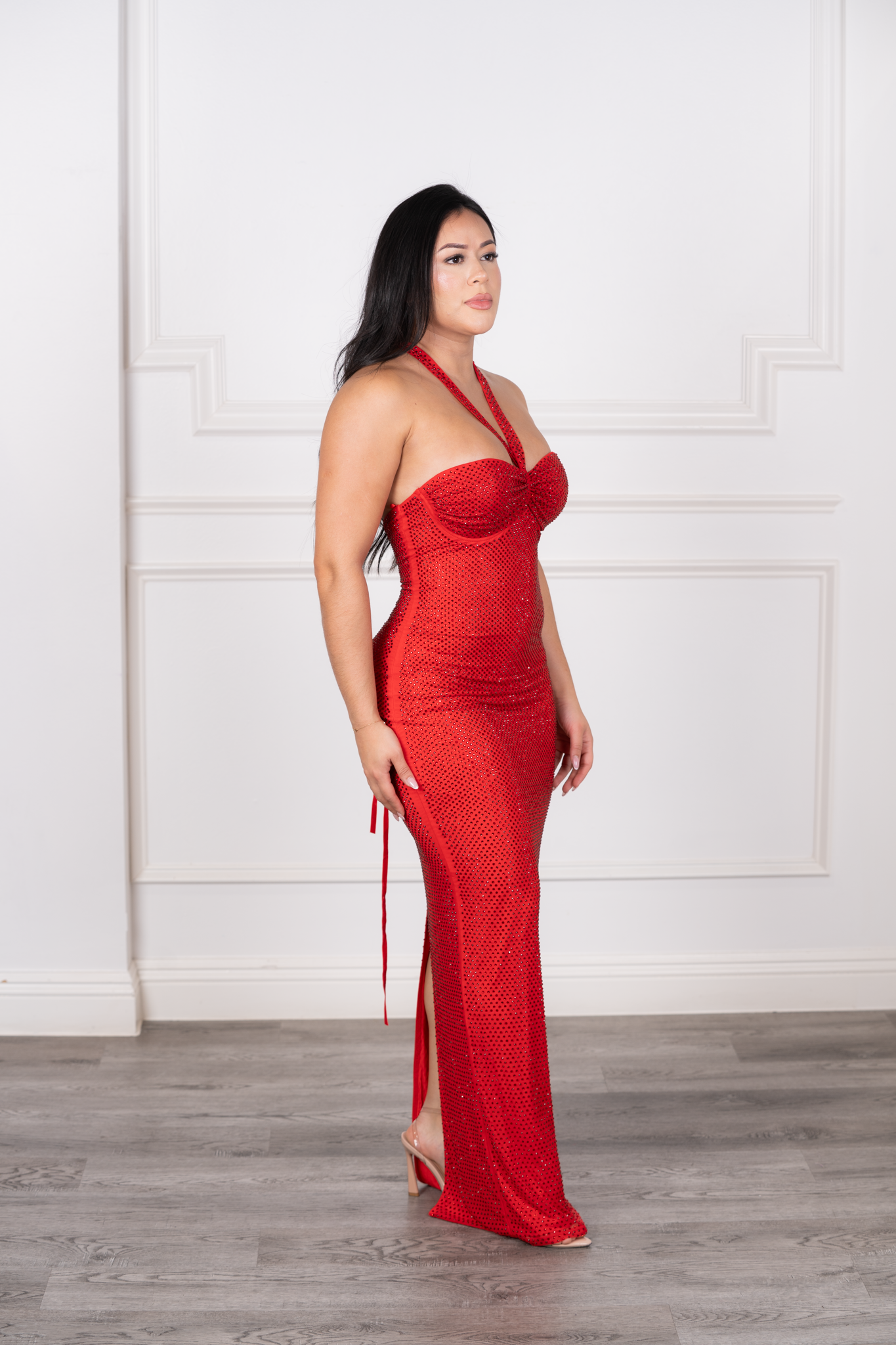 Gabriela - Red Rhinestone Halter Maxi Gown