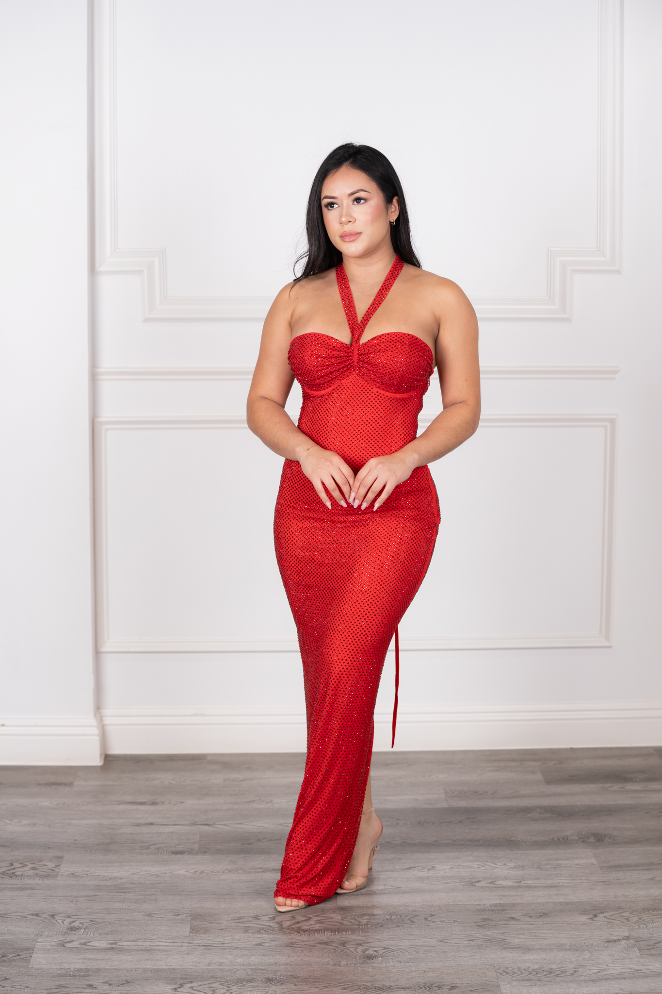 Gabriela - Red Rhinestone Halter Maxi Gown