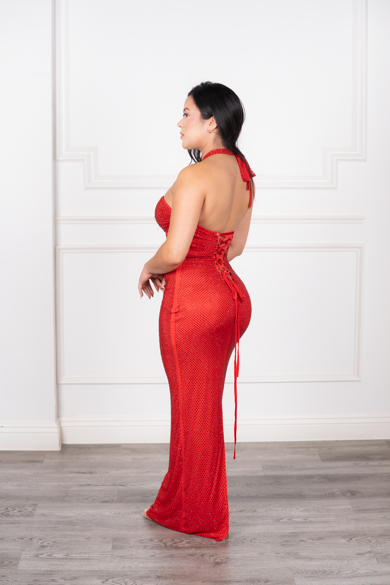 Gabriela - Red Rhinestone Halter Maxi Gown