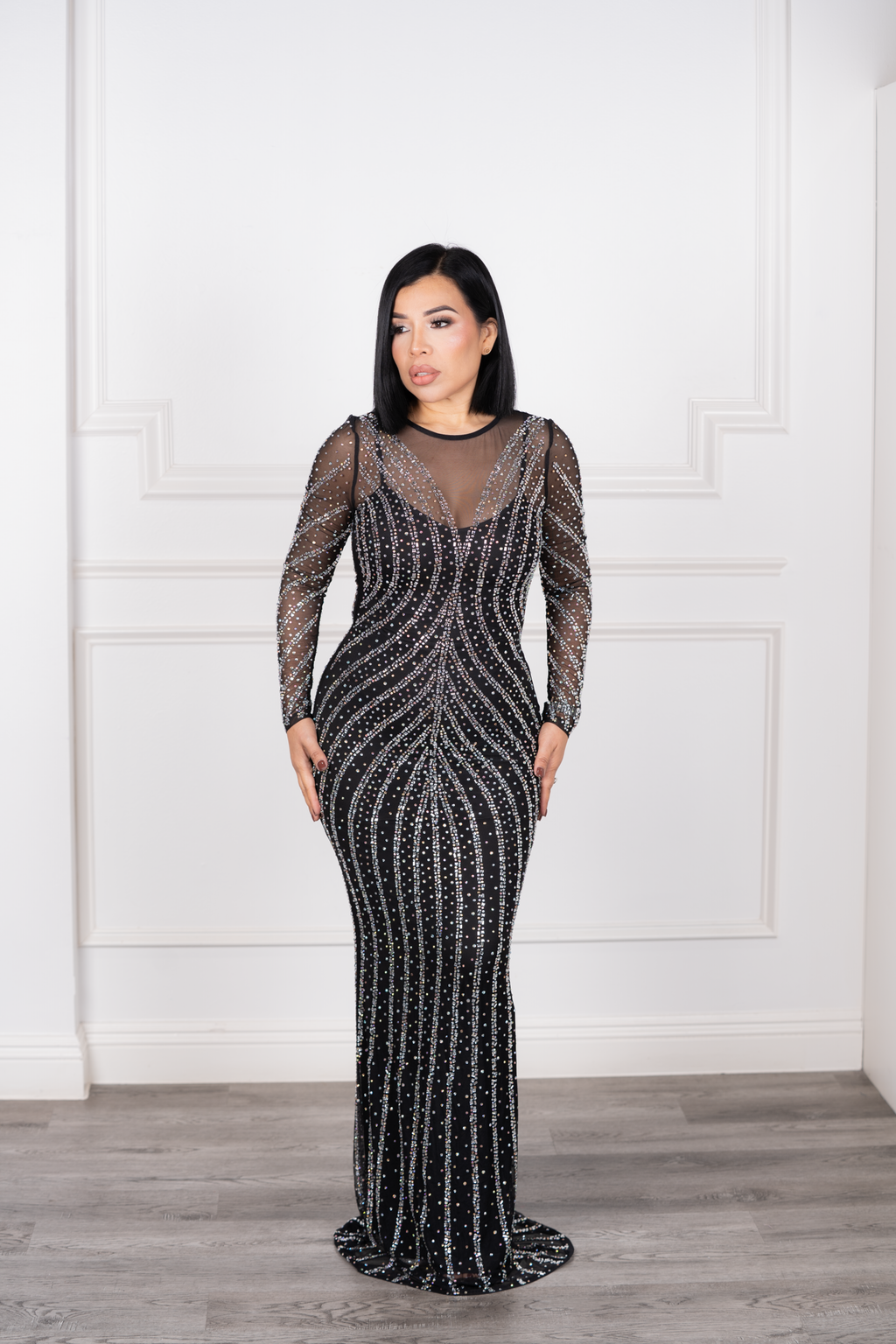 Aria - Black Long-Sleeve Mesh Rhinestone Maxi Dress
