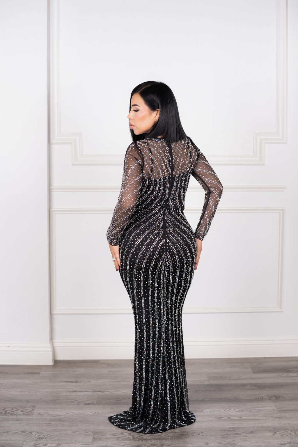 Aria - Black Long-Sleeve Mesh Rhinestone Maxi Dress