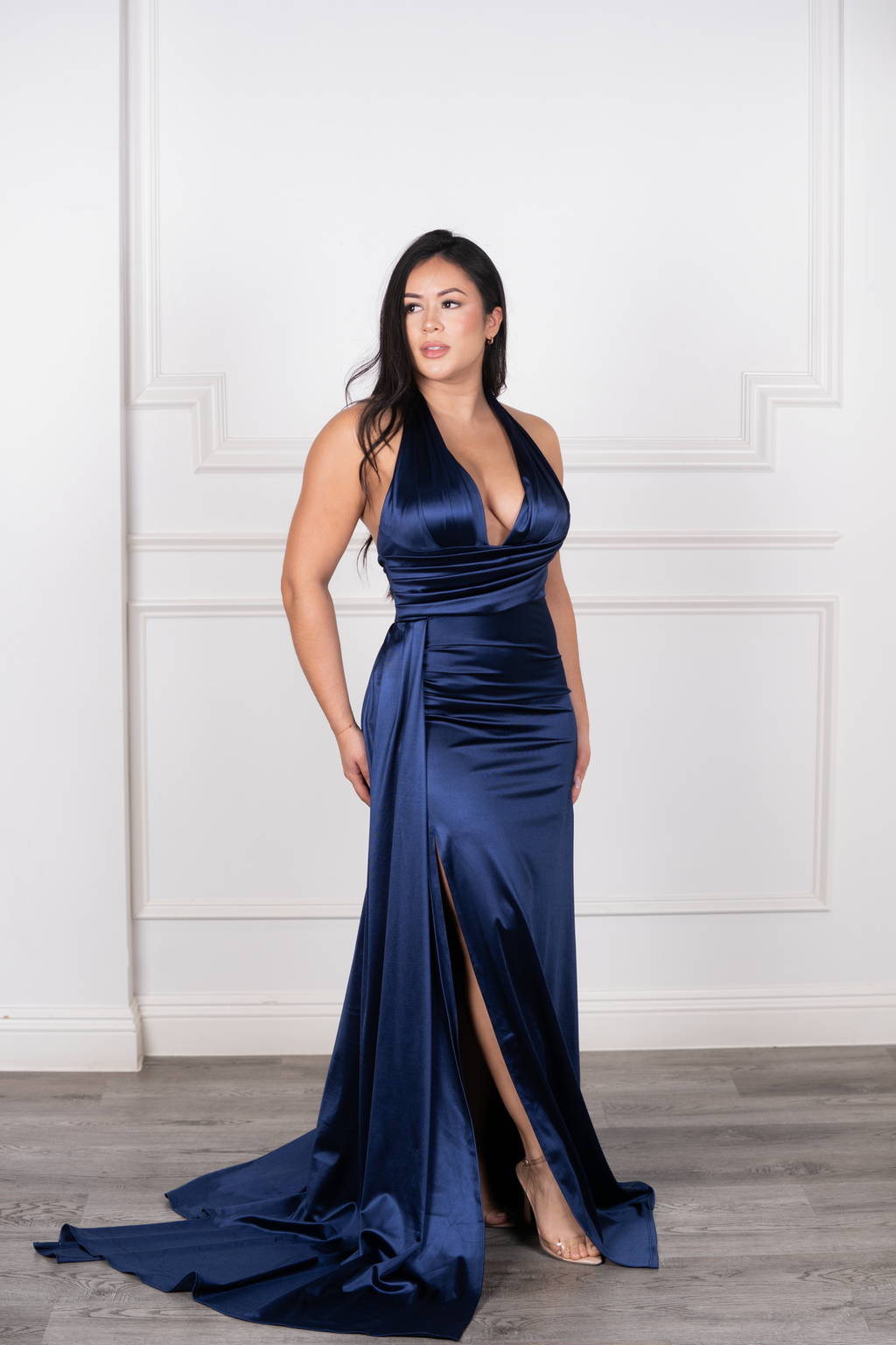 Marisela - Navy Blue Satin Halter Pleated Maxi Dress