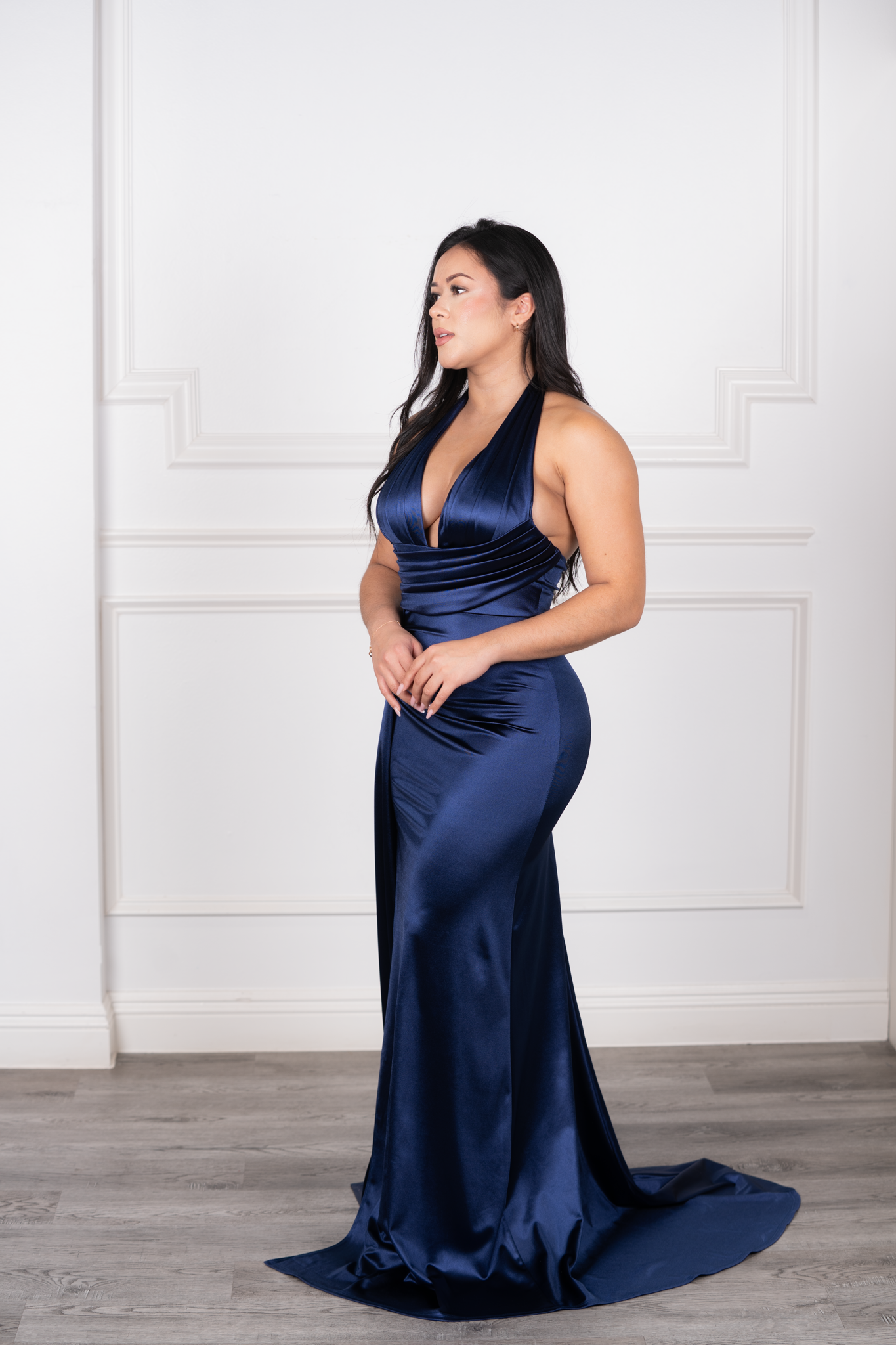 Marisela - Navy Blue Satin Halter Pleated Maxi Dress