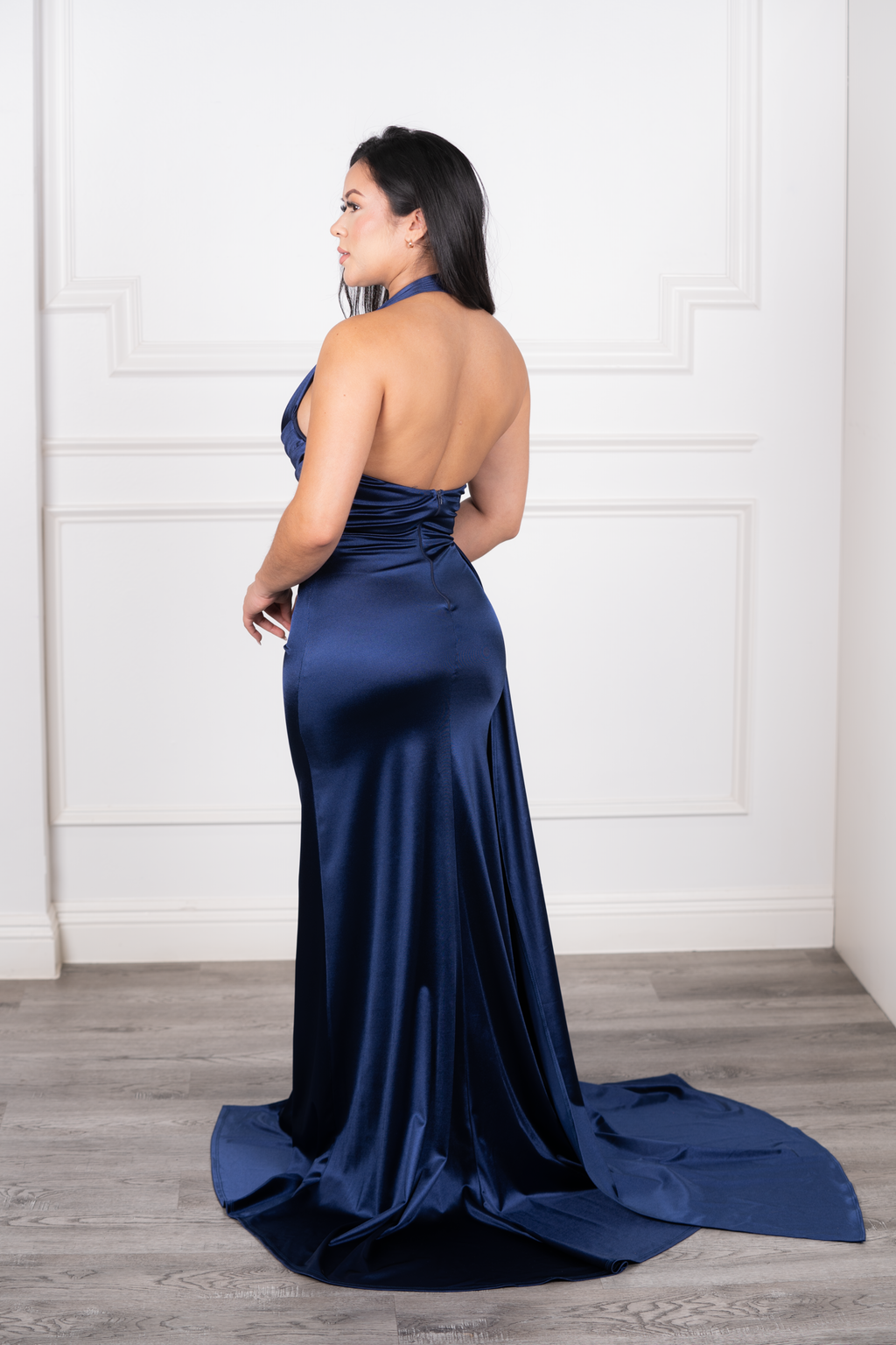 Marisela - Navy Blue Satin Halter Pleated Maxi Dress