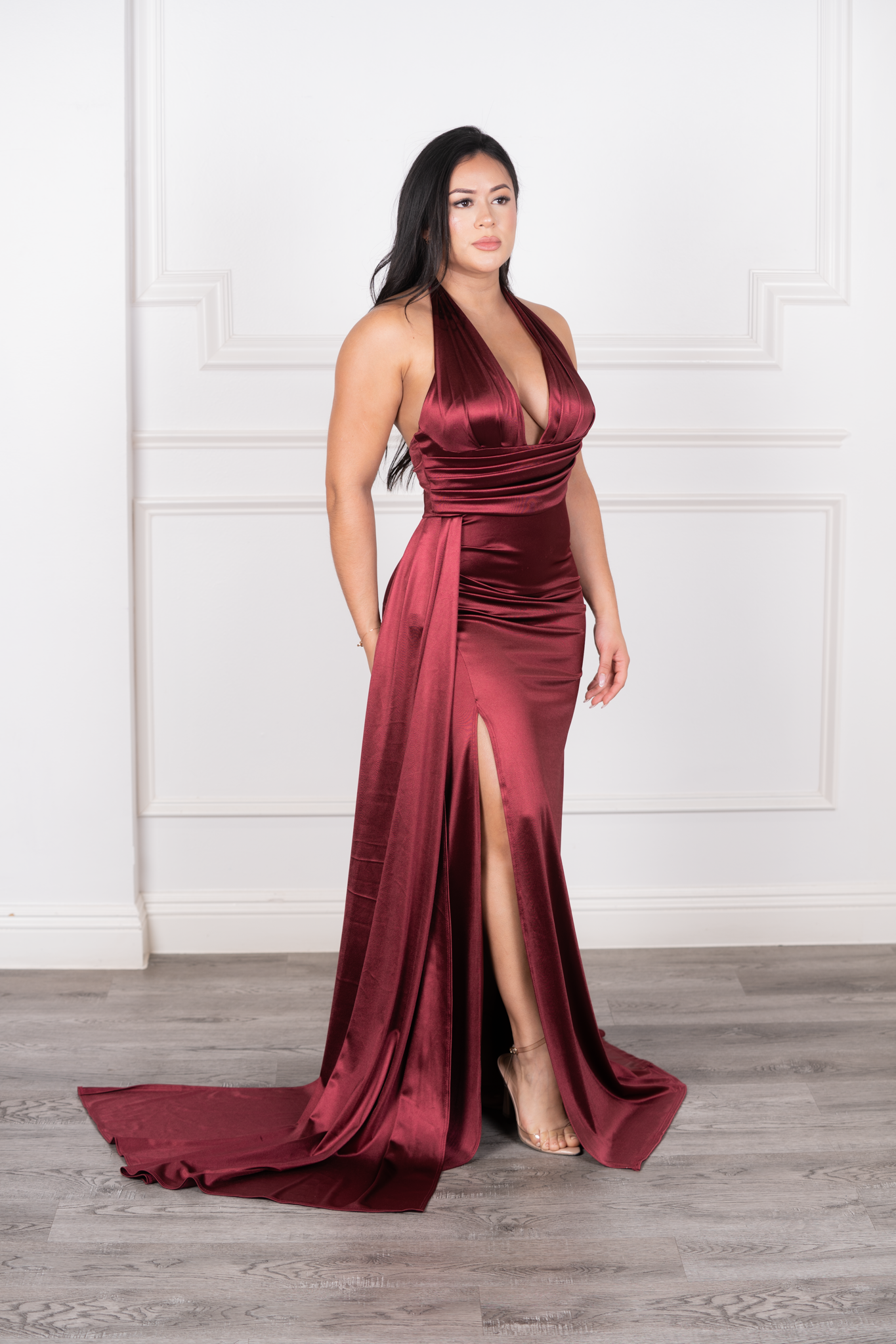Marisela - Red Satin Halter Pleated Maxi Dress