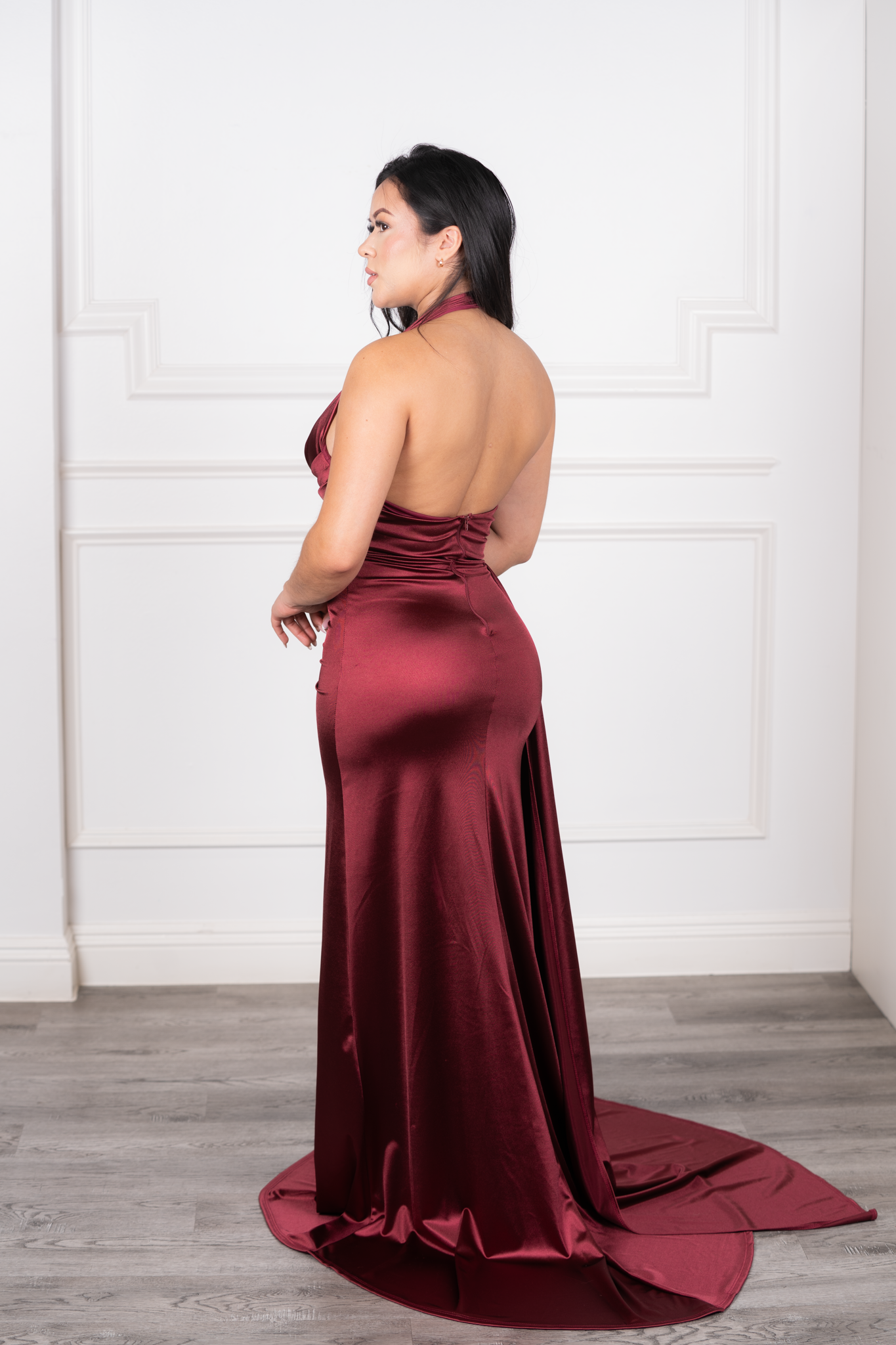 Marisela - Red Satin Halter Pleated Maxi Dress