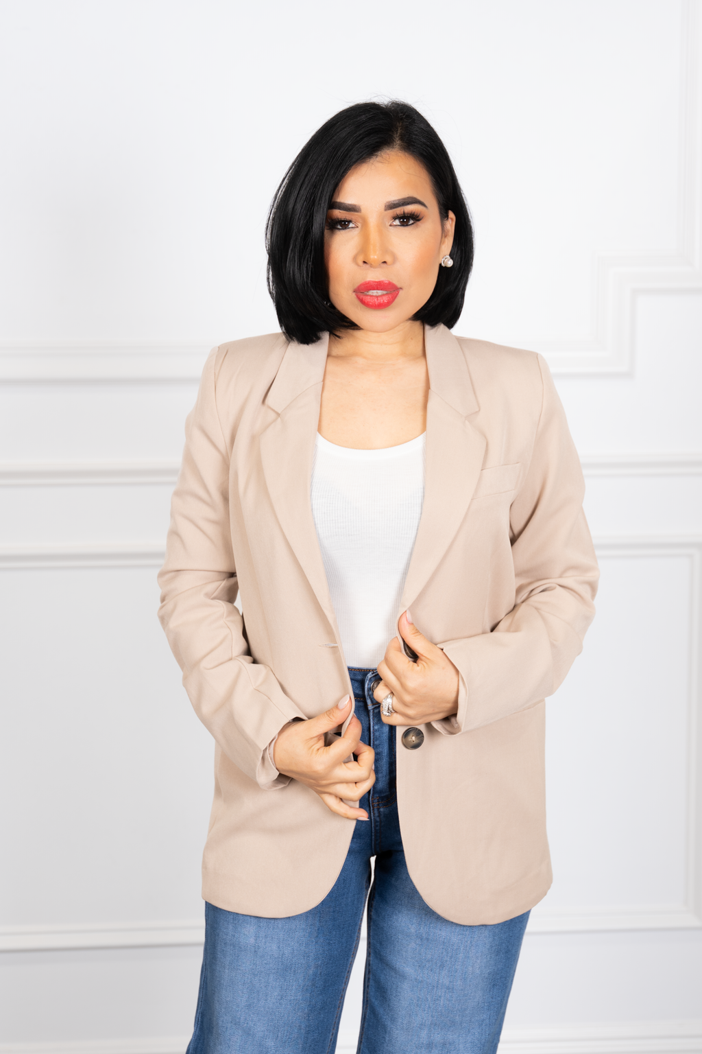 Tiara - Beige Tailored Double-Button Blazer