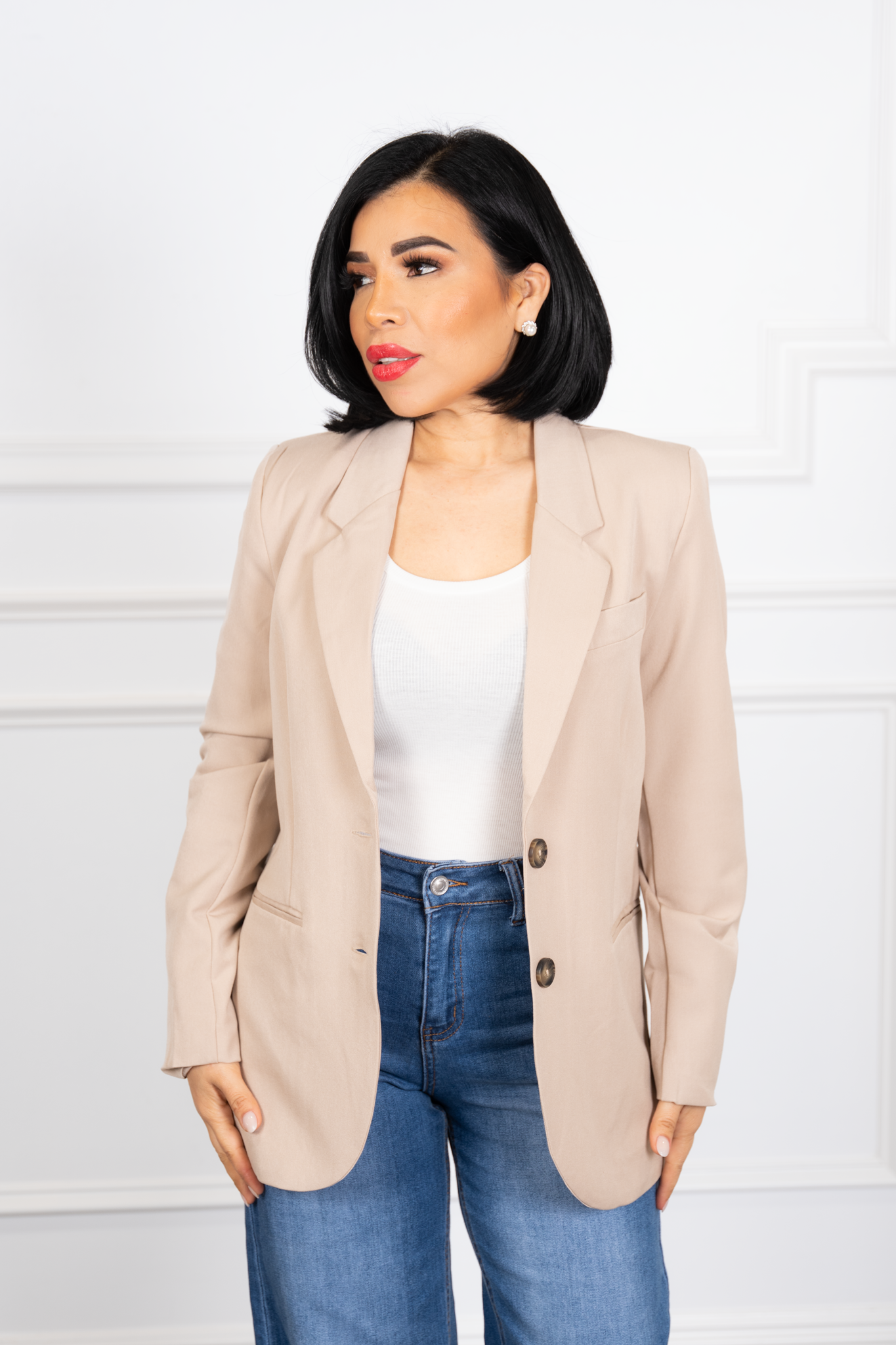 Tiara - Beige Tailored Double-Button Blazer