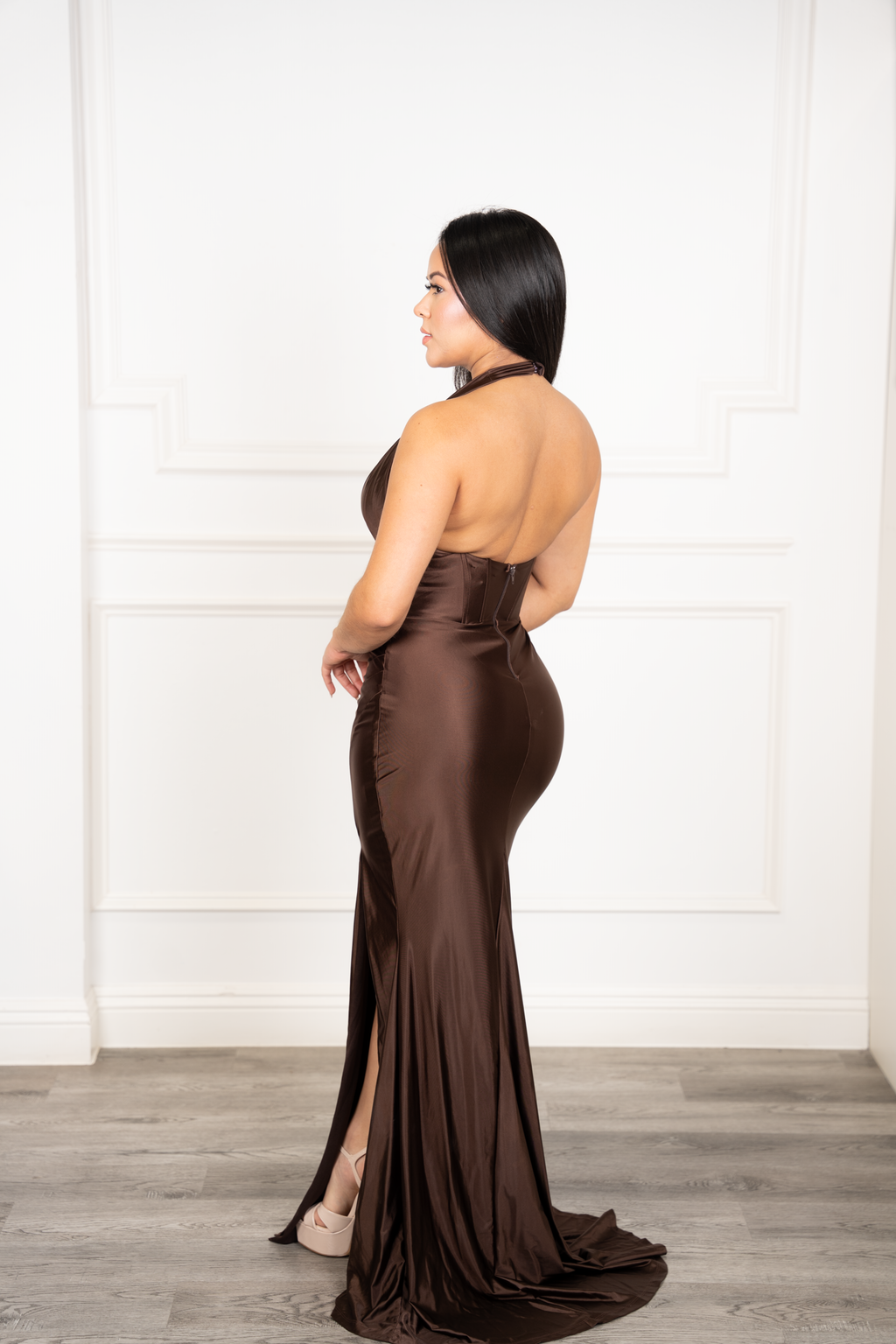 Marisol - Brown Satin Halter Mermaid Dress