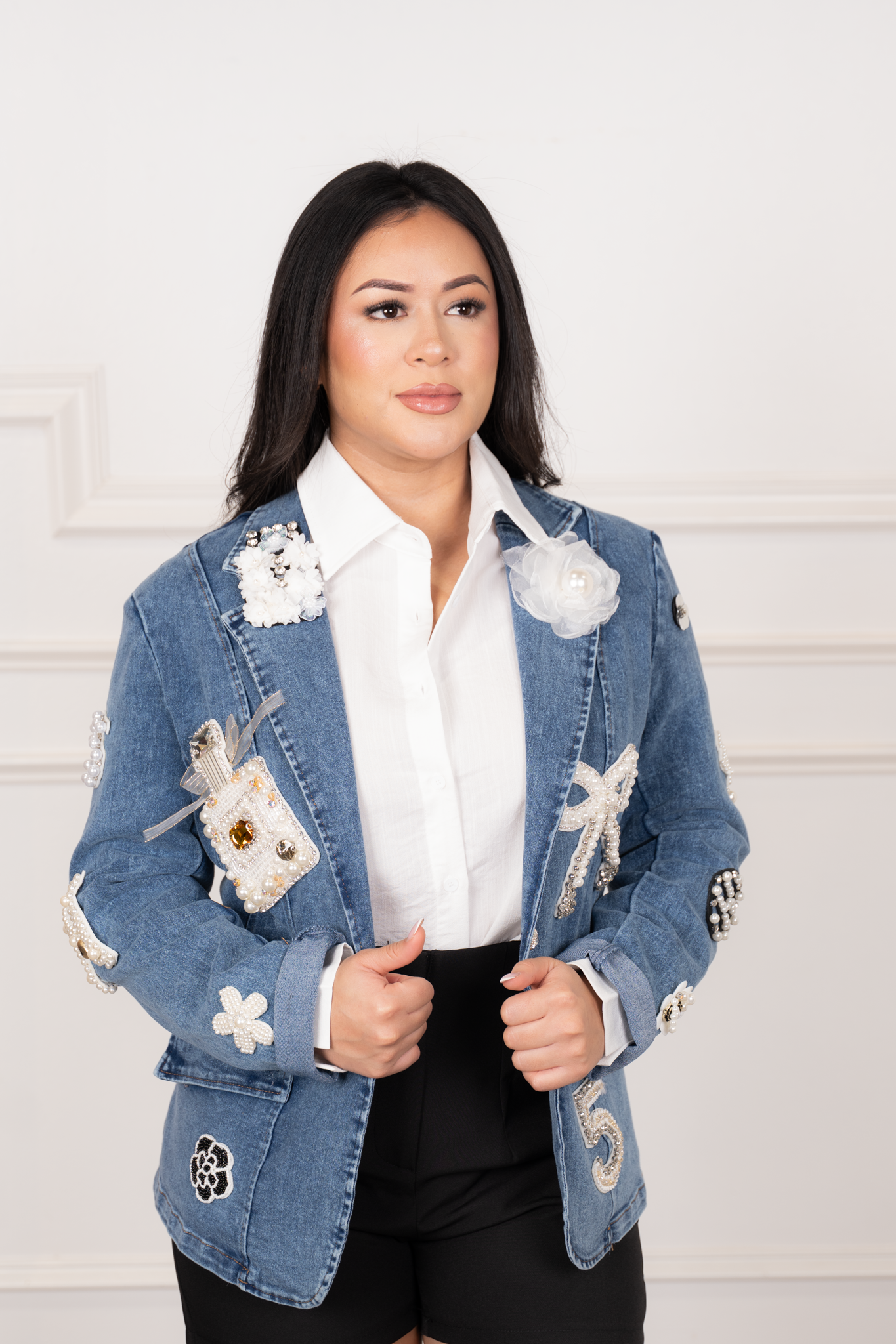 Mireya - Floral Pearl Denim Jacket