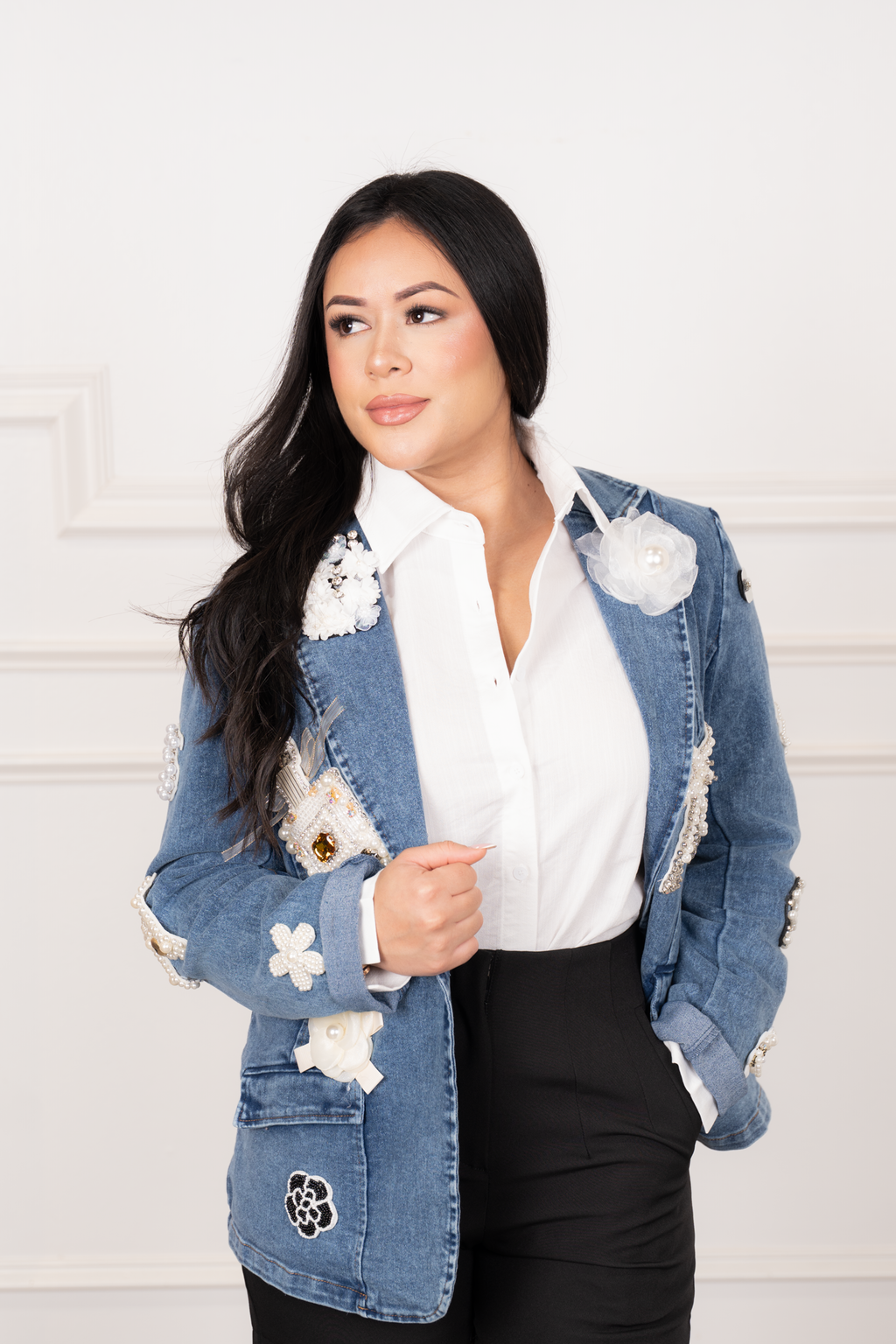 Mireya - Floral Pearl Denim Jacket