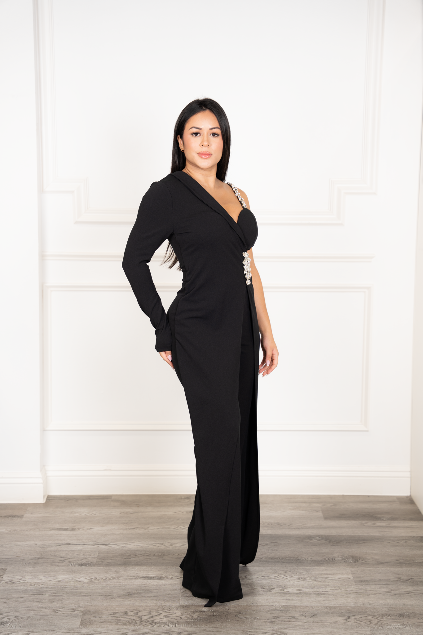 Renata - Black Asymmetrical Rhinestone Wide-Leg Jumpsuit