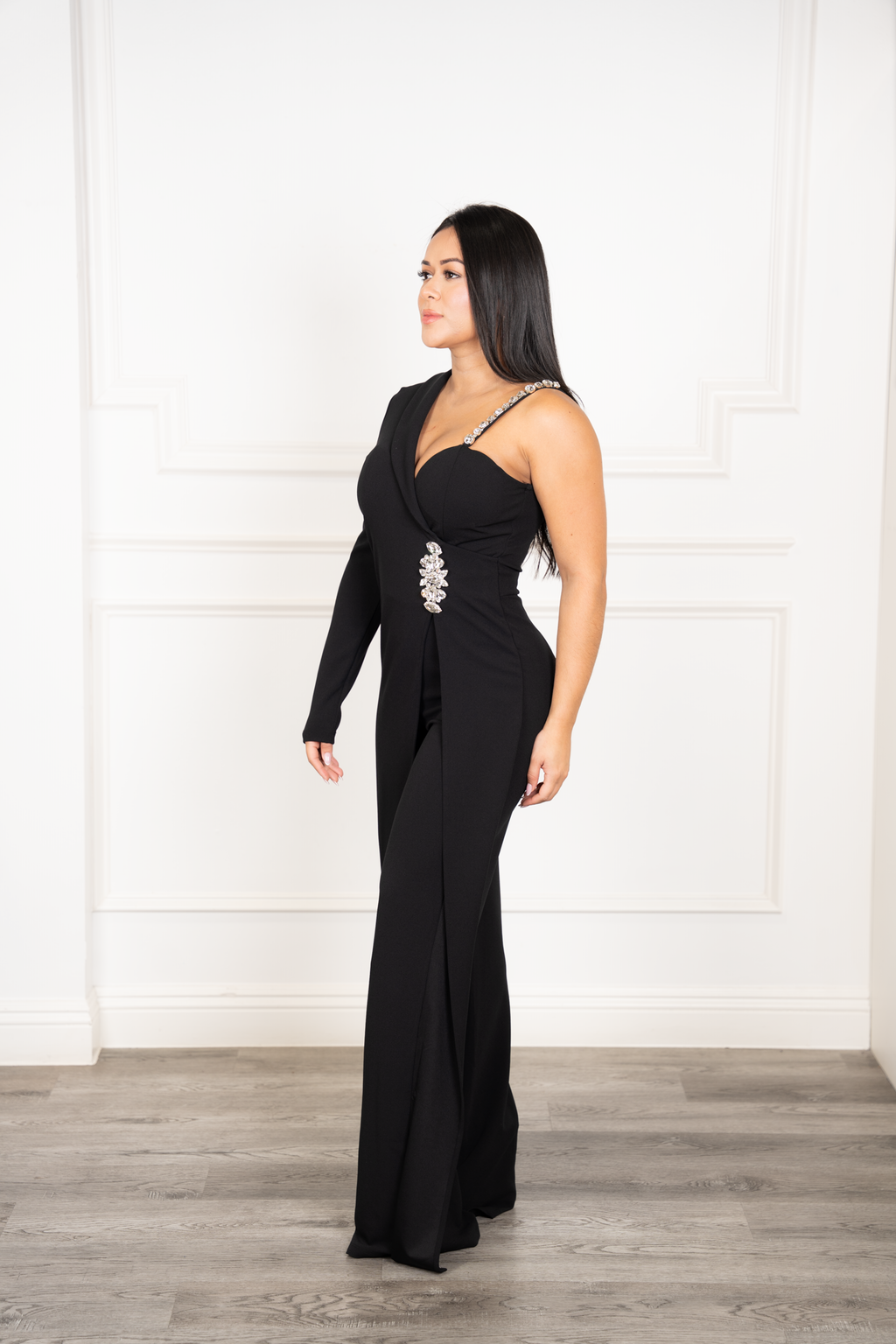 Renata - Black Asymmetrical Rhinestone Wide-Leg Jumpsuit