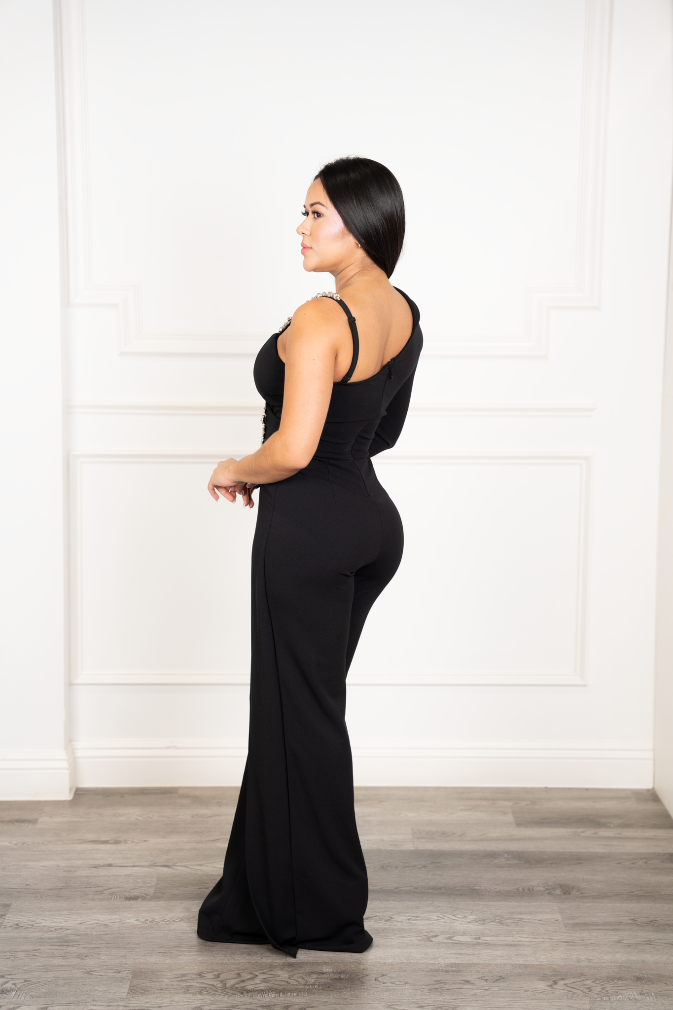 Renata - Black Asymmetrical Rhinestone Wide-Leg Jumpsuit