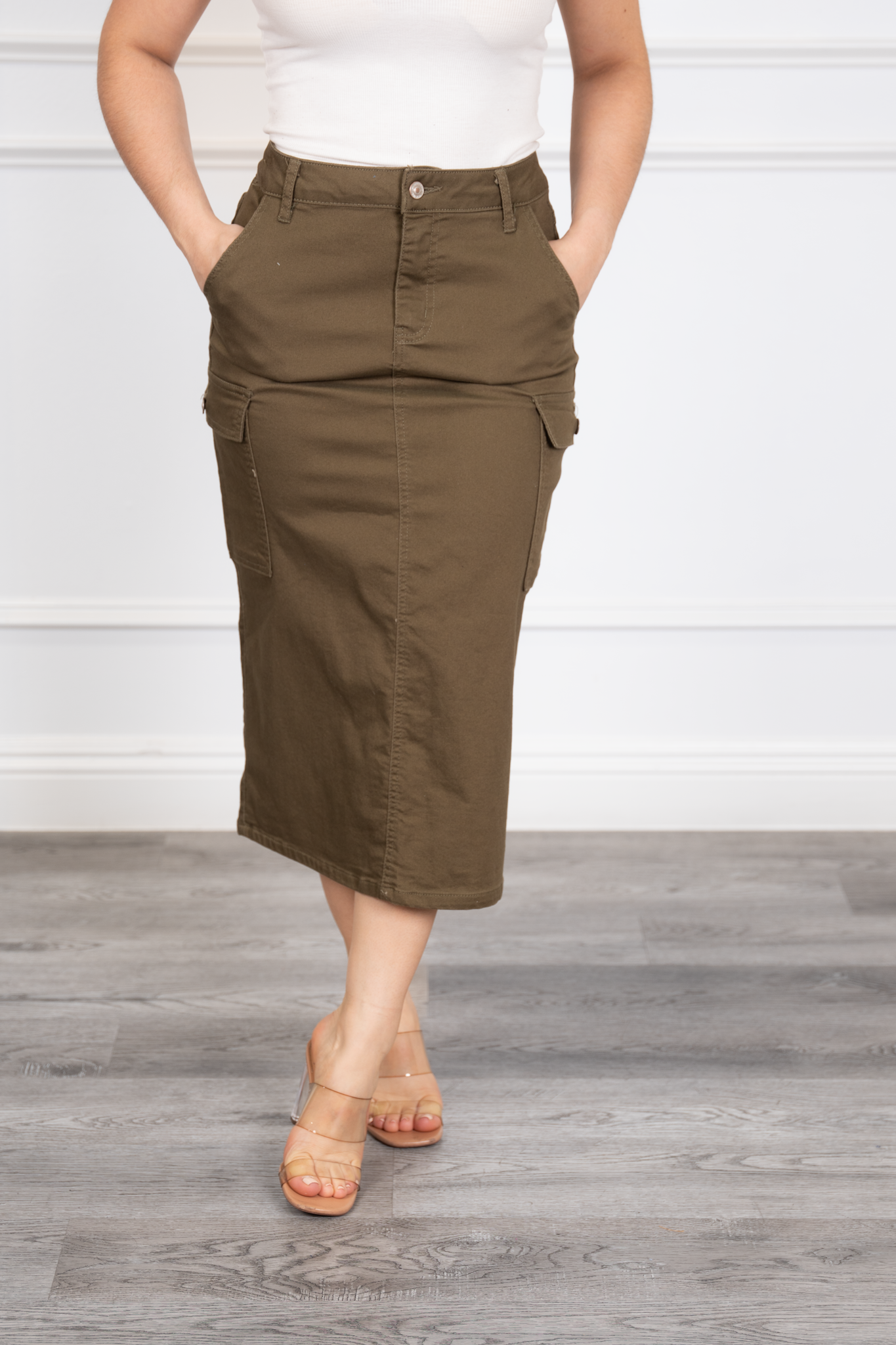 Helenia - Brown Cargo-Style Denim Midi Skirt