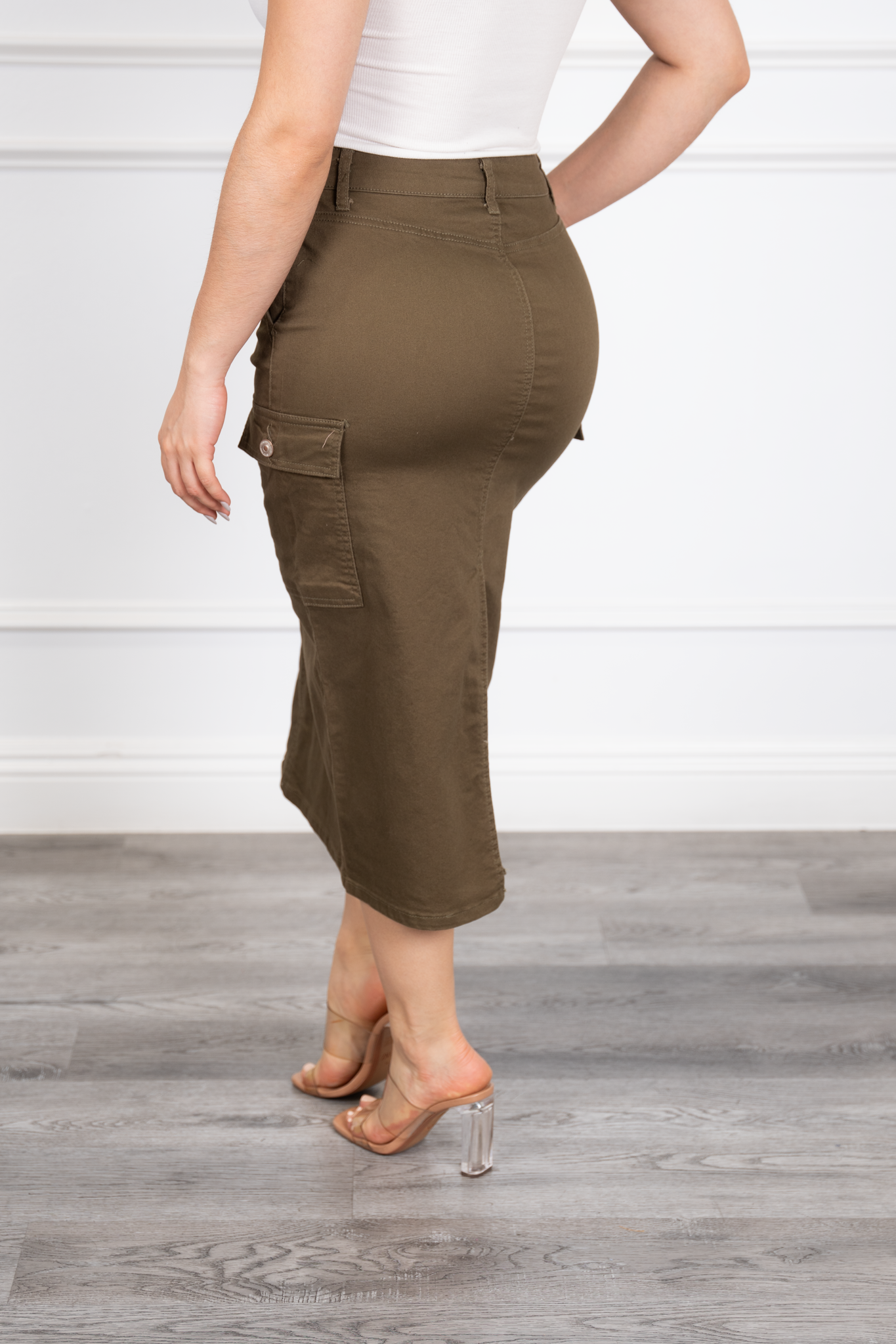 Helenia - Brown Cargo-Style Denim Midi Skirt