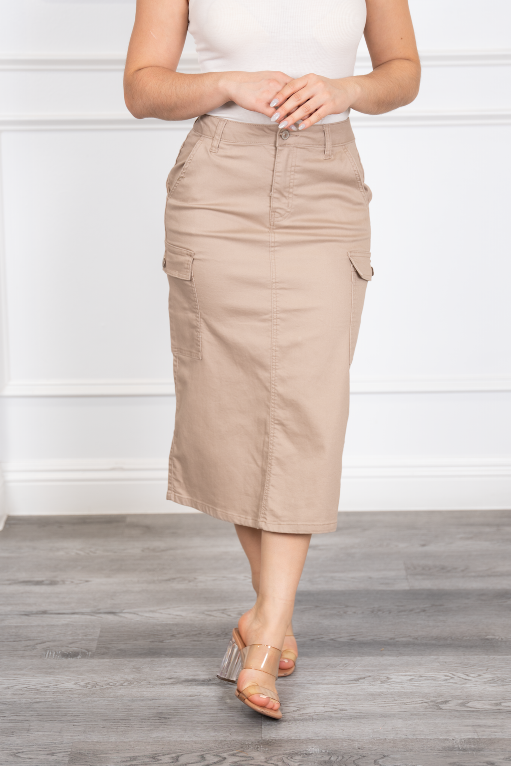 Helenia - Nude Cargo-Style Denim Midi Skirt