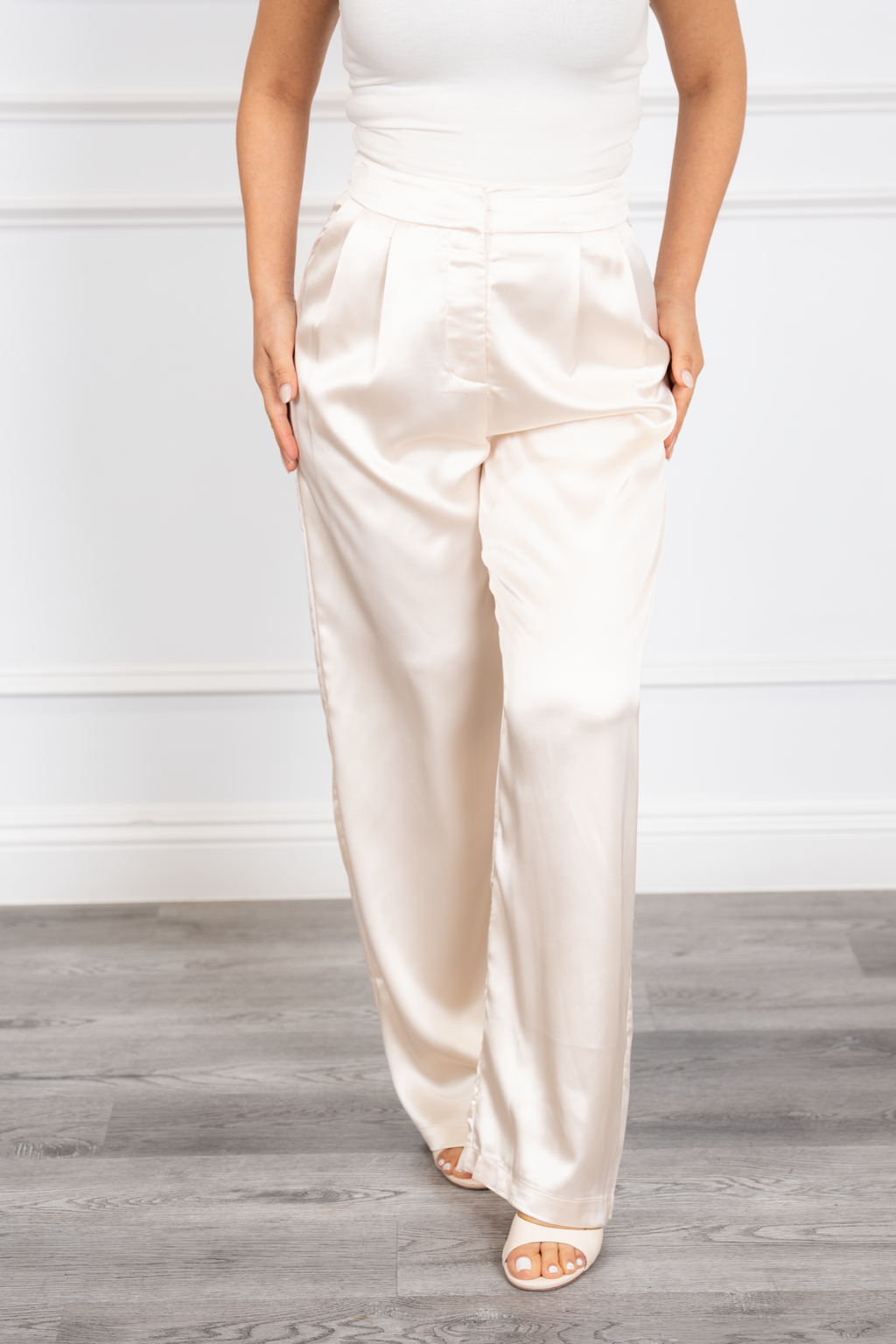 Helia - Beige Satin Pleated Wide-Leg Trousers