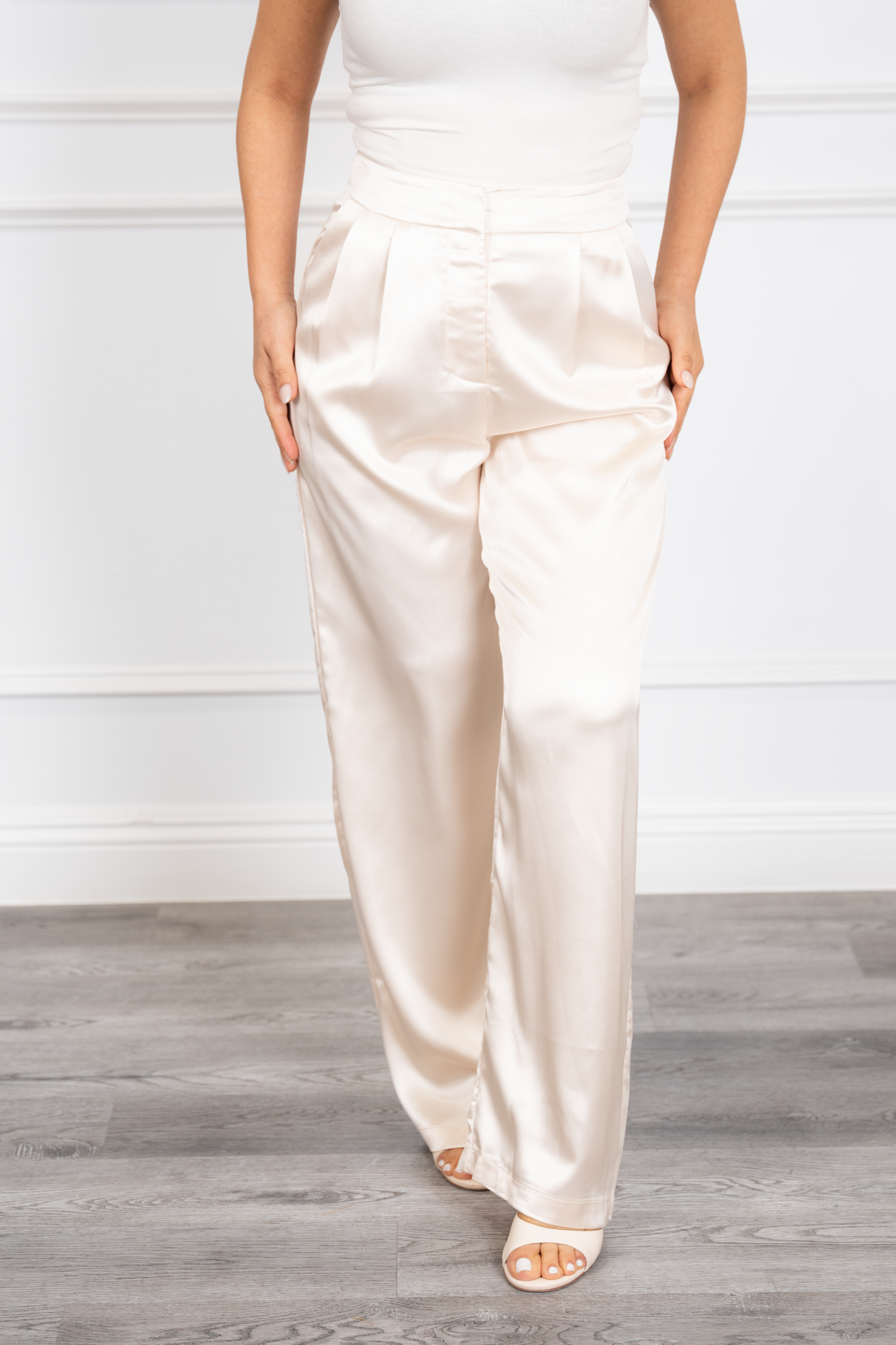 Helia - Beige Satin Pleated Wide-Leg Trousers