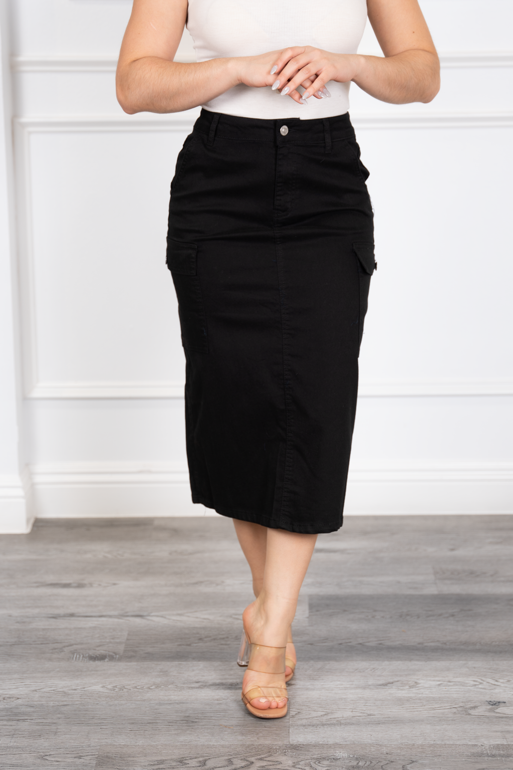 Helenia - Black Cargo-Style Denim Midi Skirt