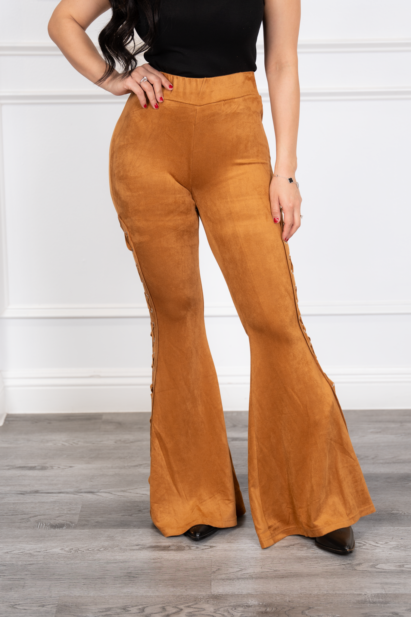 Tabatha - Camel Western Velvet Flare Pants